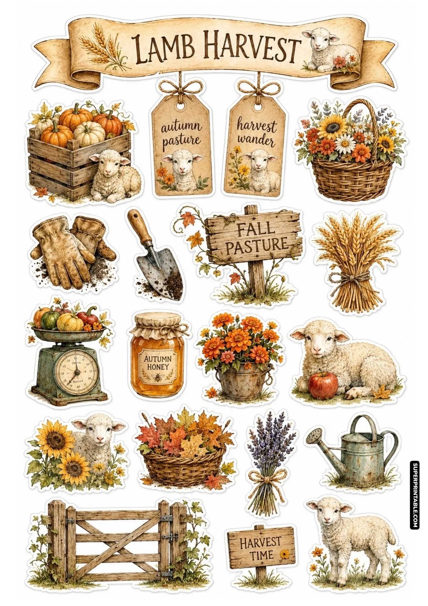 Lamb harvest sticker sheet featuring cozy autumn scenes with lambs, pumpkins, and sunflower baskets.