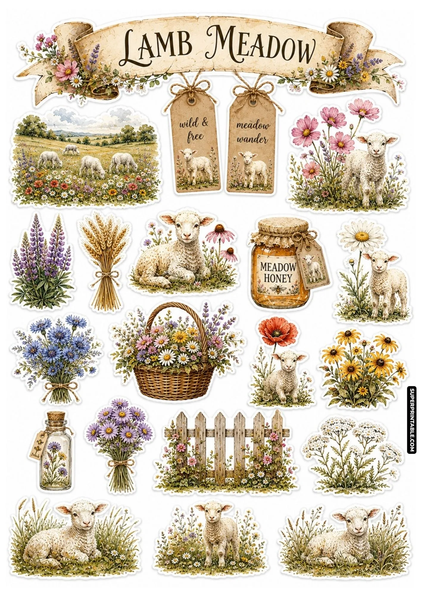 Pasture lamb sticker sheets meadow design with lambs grazing among wild flowers and rustic fences.
