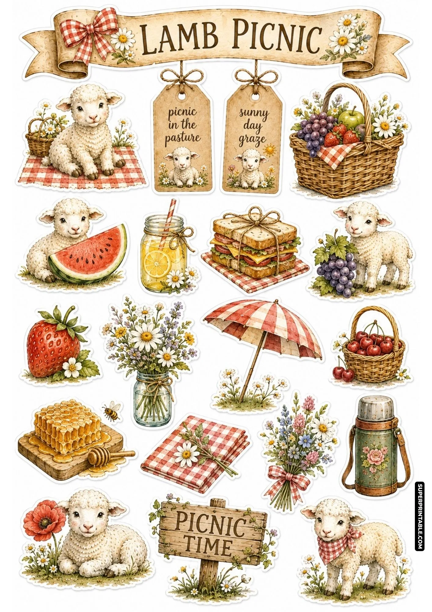 Lamb picnic sticker sheet depicting cute lambs enjoying sandwiches, lemonade, and fruit baskets outdoors.