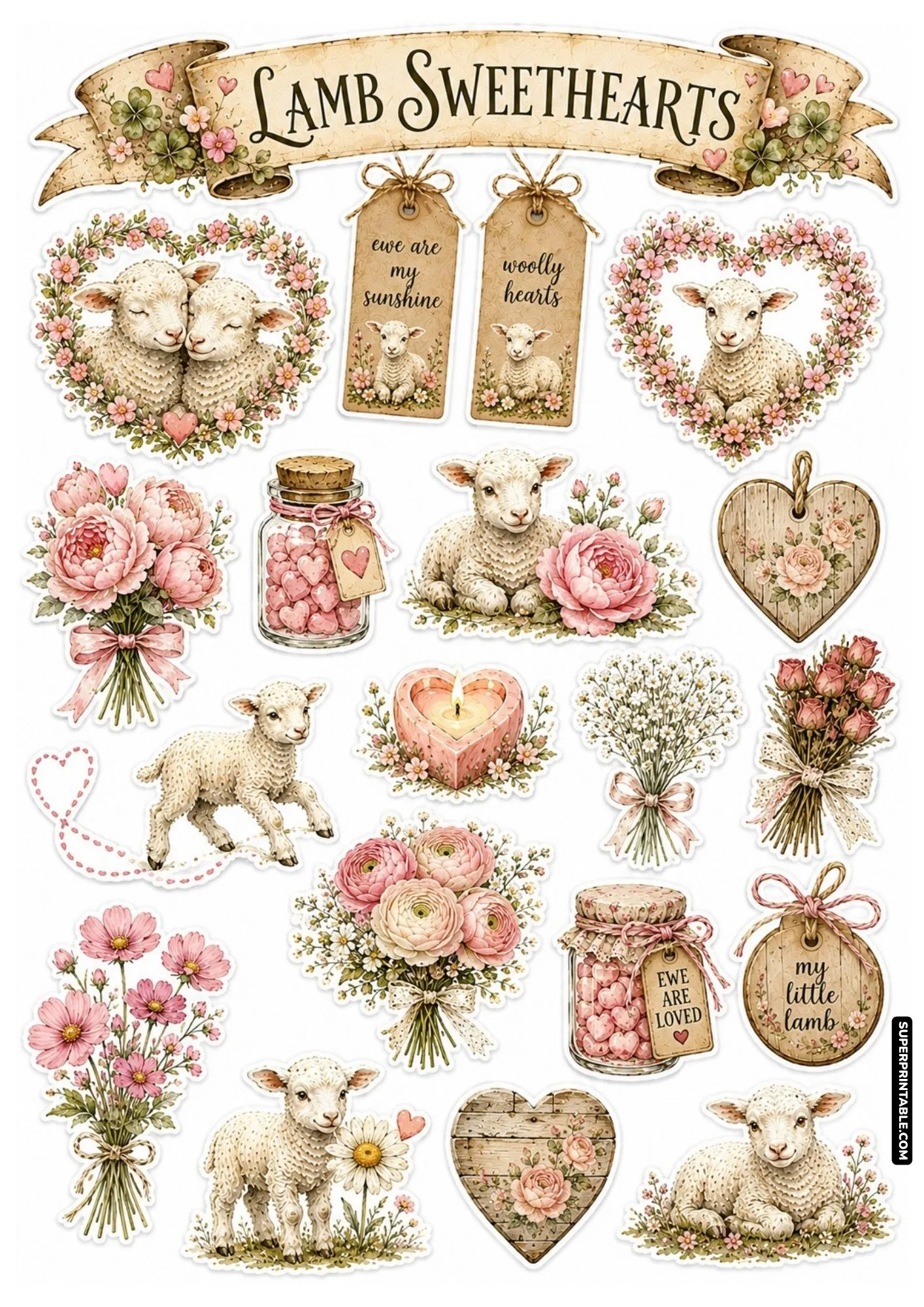 Lamb sweethearts sticker sheet featuring affectionate lamb pairs framed by pink floral heart wreaths.