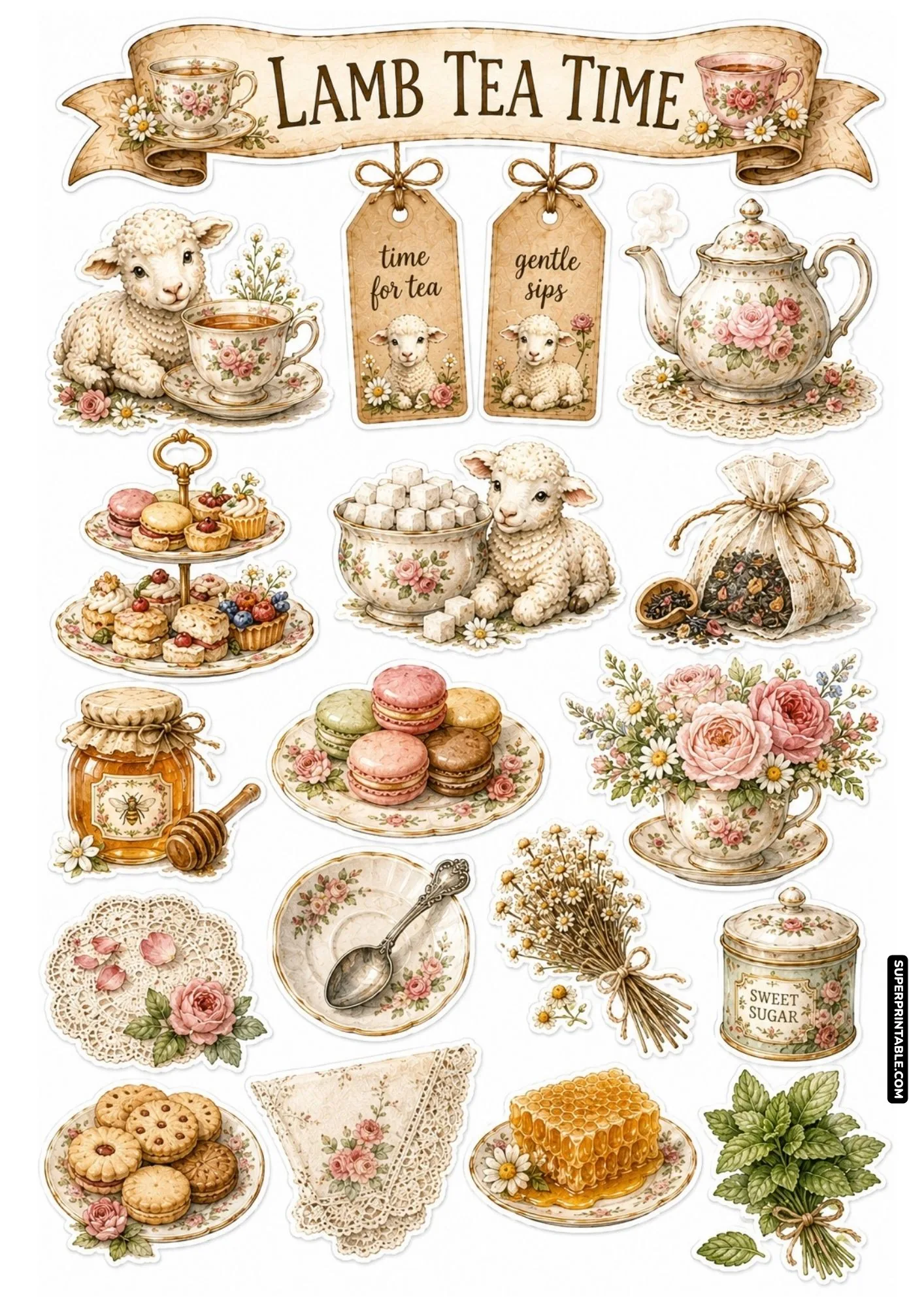 Lamb tea time sticker sheet featuring lambs next to vintage teacups, pastries, and floral teapots.
