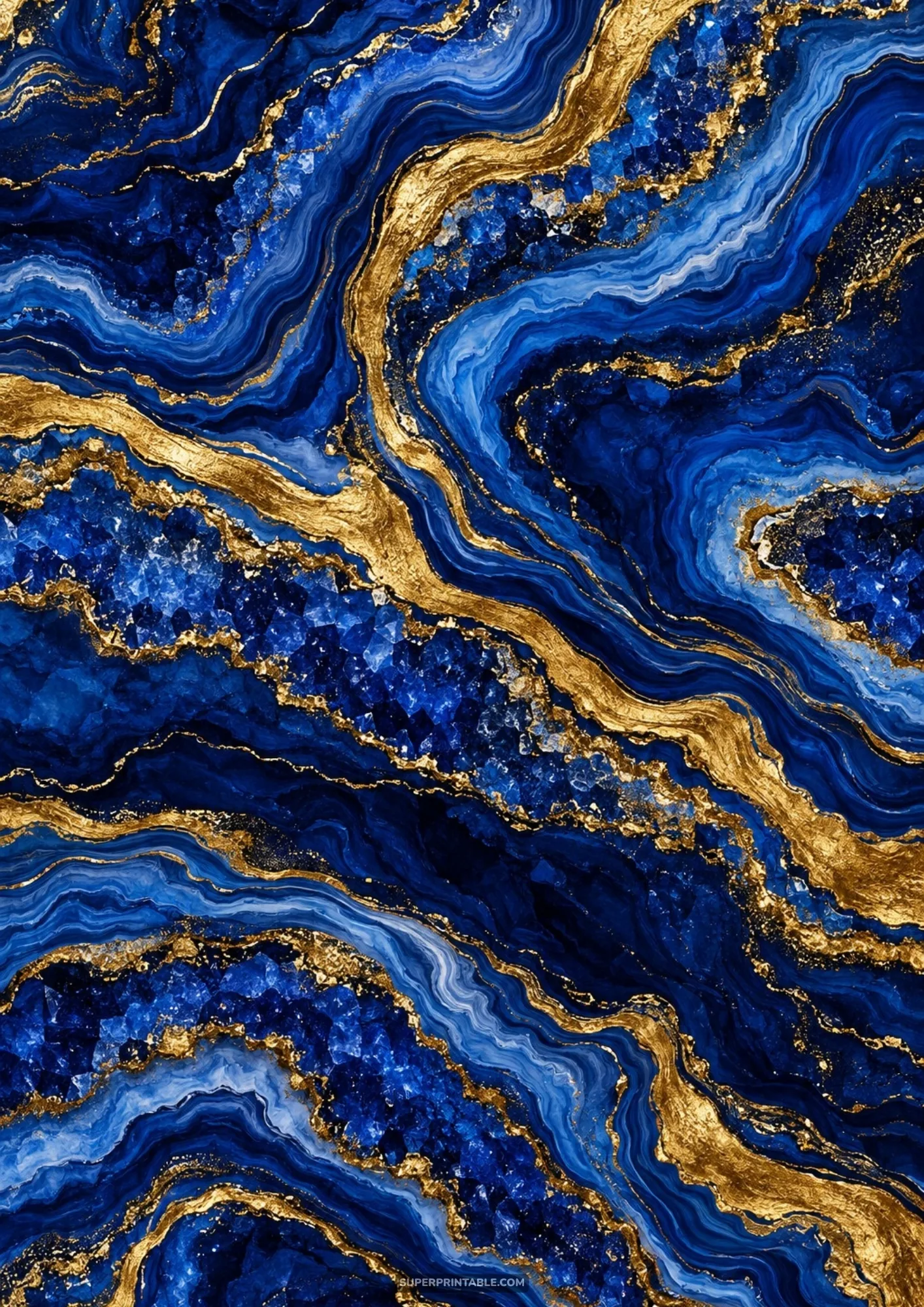 Intense lapis lazuli and cobalt blue agate geode slab featuring rough crystal pockets and gold