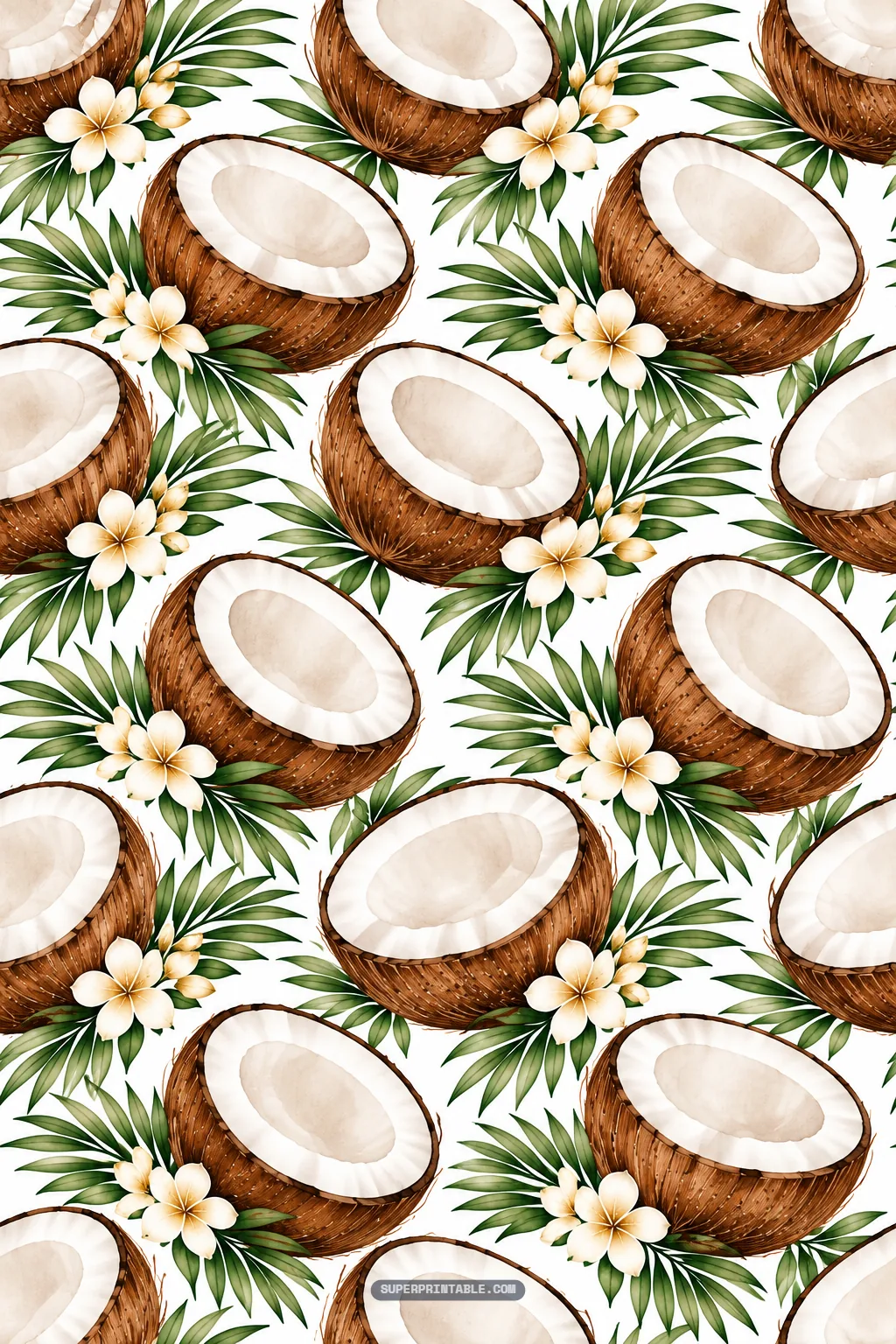 Bold halved coconuts accented by fan palm foliage and cream frangipani blossoms.