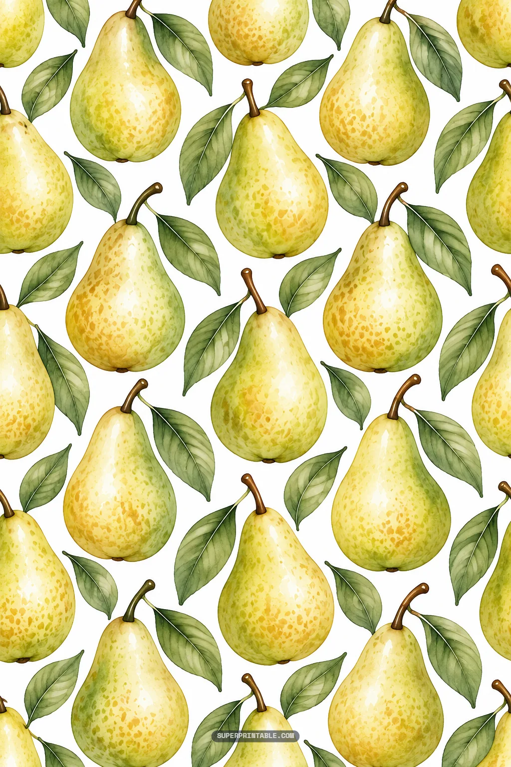 Large golden-yellow speckled pears with stems and green leaves arranged in an elegant repeating pattern.