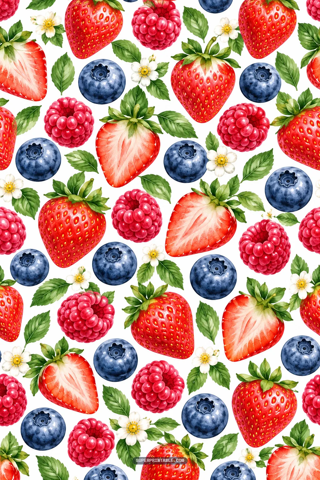 Bold oversized watercolor strawberries, halved fruit, raspberries, and blueberries on a white ground.