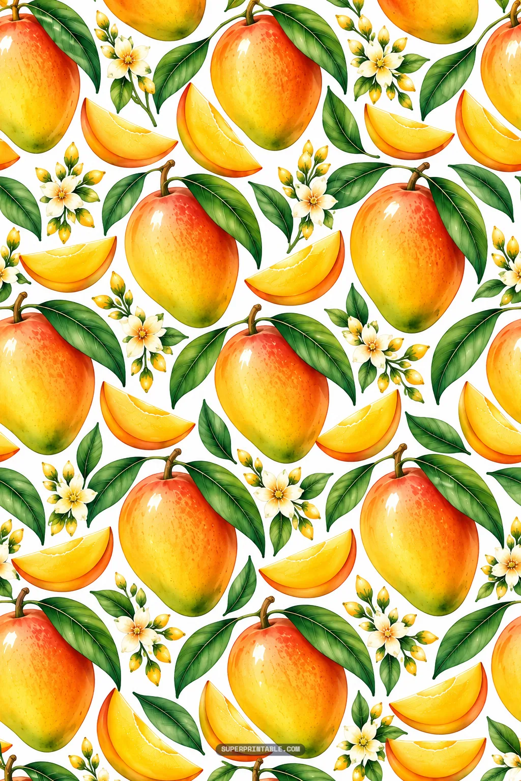 Large-scale watercolor ripe mangoes and glowing fruit slices paired with delicate white blooms.