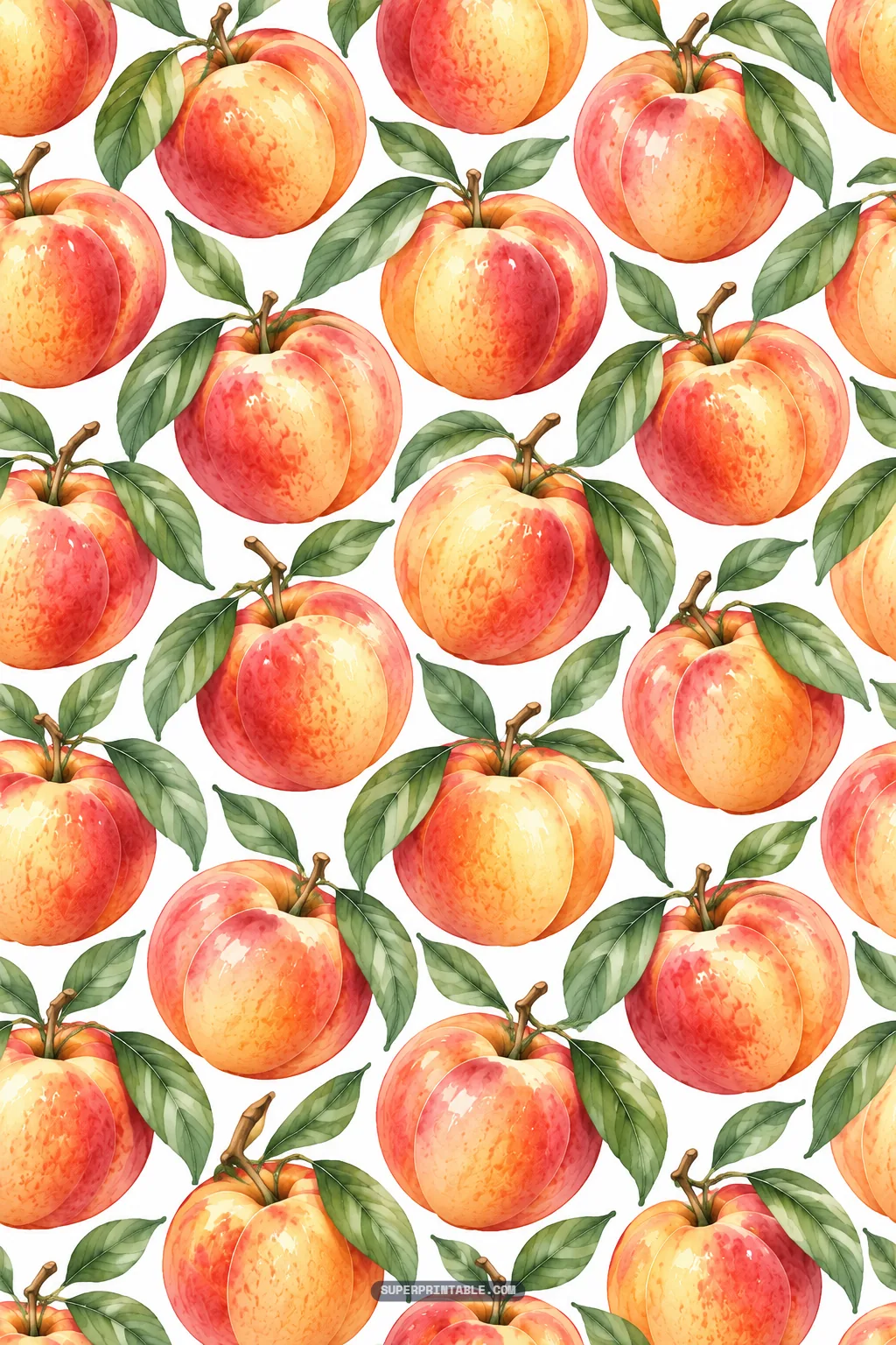 Large watercolor ripe nectarines with red blushes on leafy stems over a clean white background.