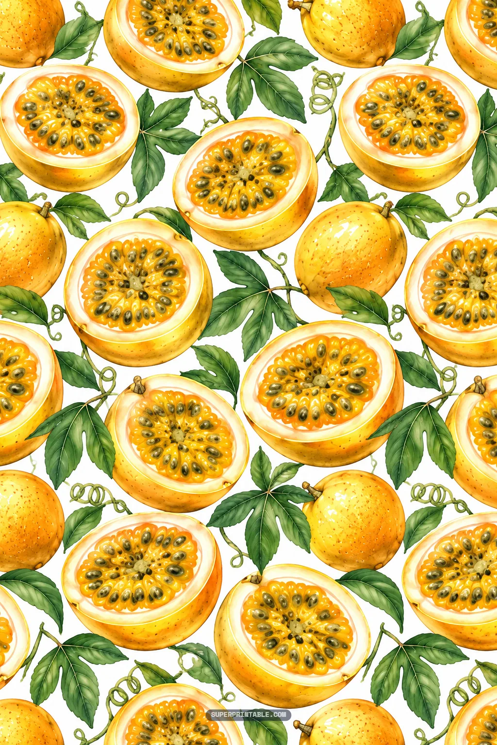 Bold botanical repeat featuring large yellow passionfruit halves packed with glistening dark seeds and vine leaves.