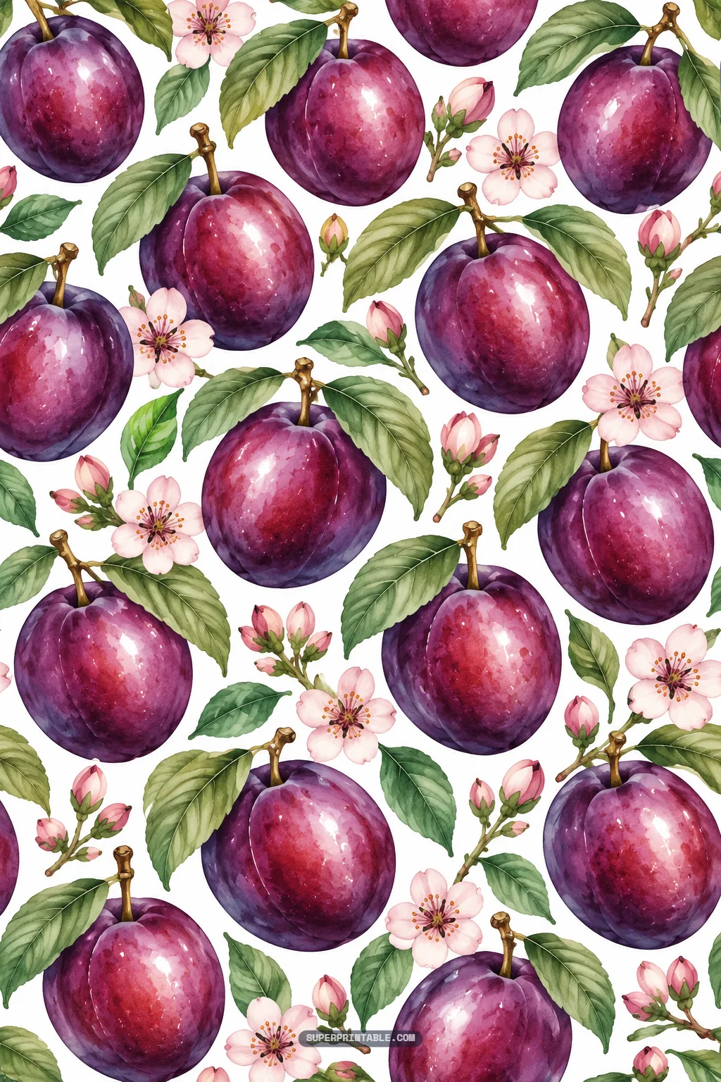 Plum orchard digital papers sheet with ripe purple plums hanging from leafy orchard twigs