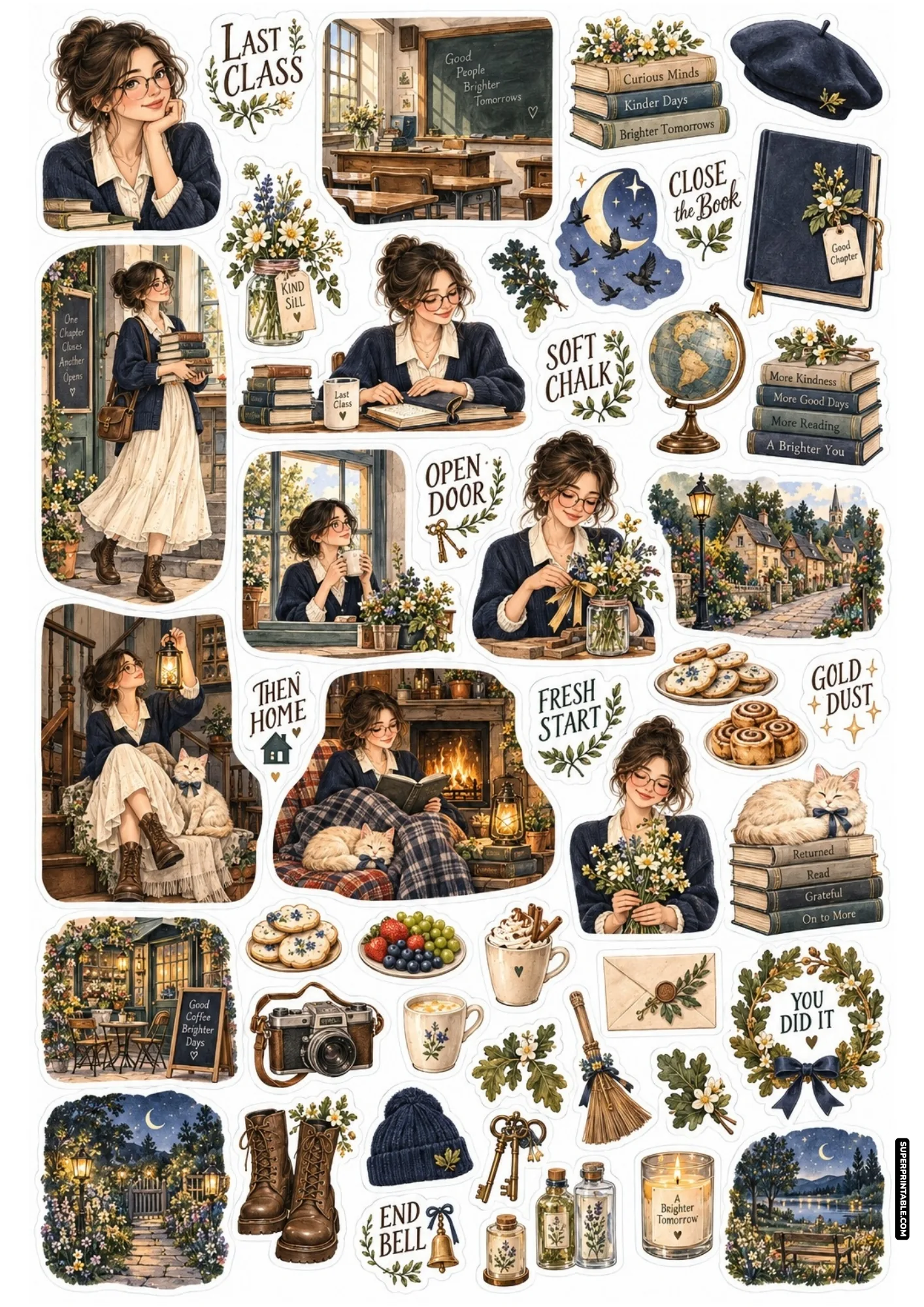Vintage classroom stickers with school desks, stacked textbooks, cozy cardigans, study sessions, and cute reading cats