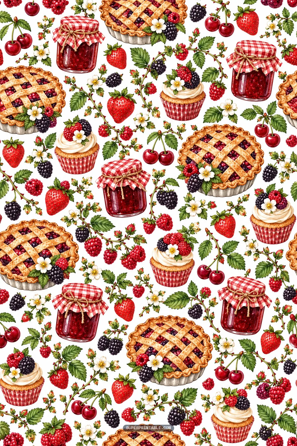 Bakery scene featuring blackberry bramble digital papers with lattice berry pies