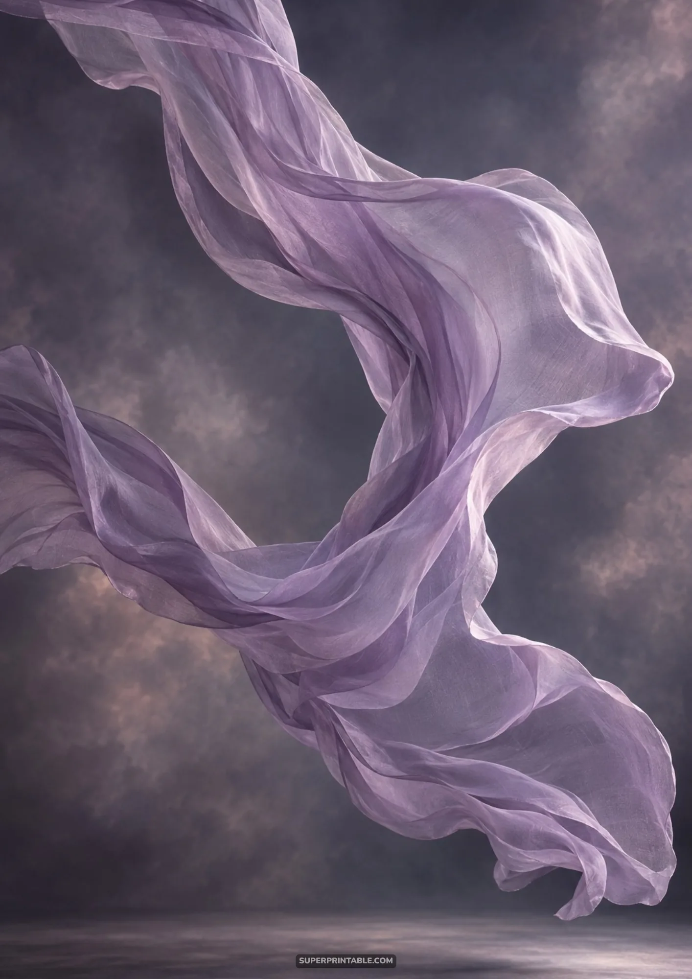 Floating lavender organza silk ribbon swirling through an atmospheric moody dark studio backdrop