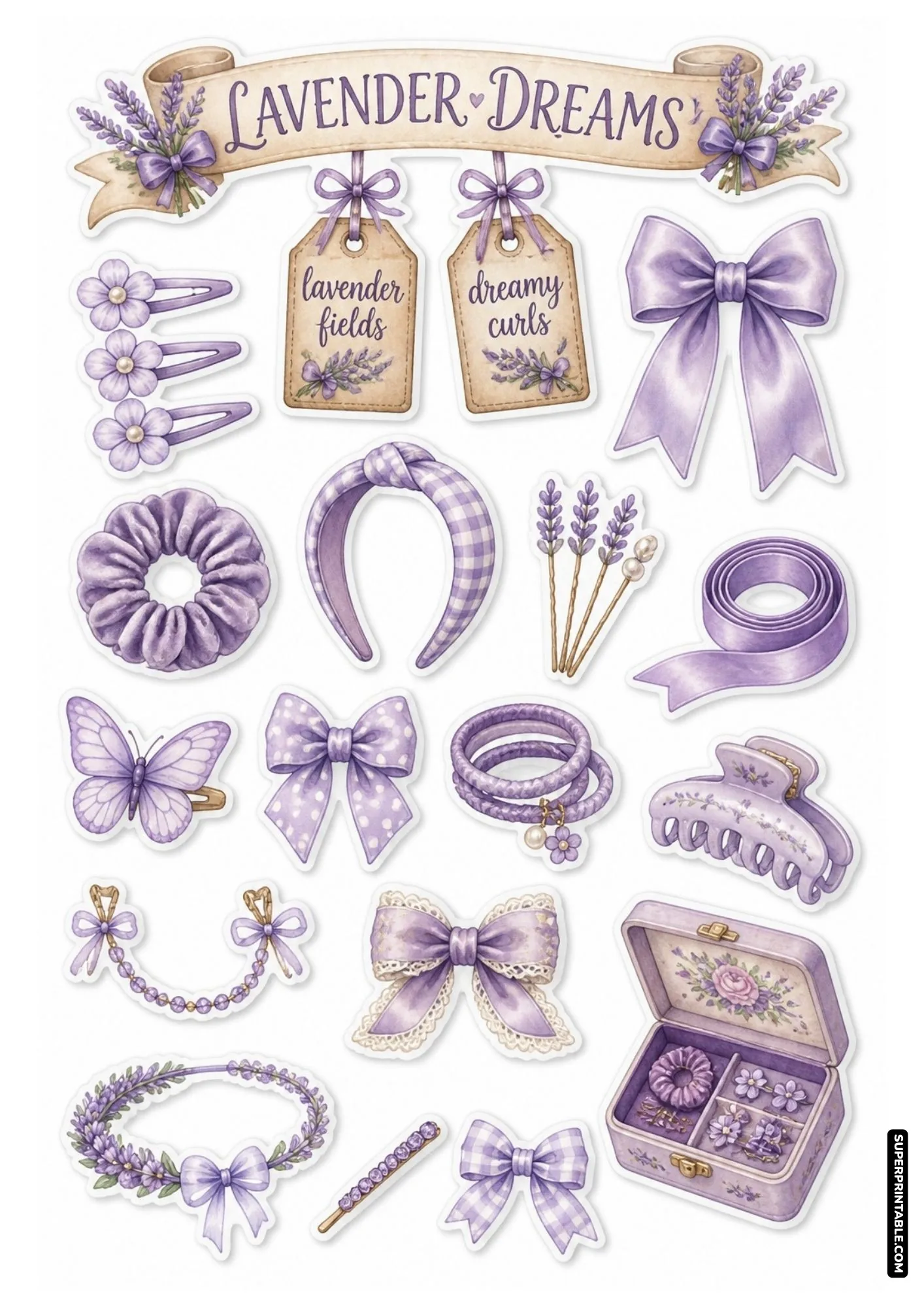 Lavender hair accessories stickers with delicate purple bows, floral hair clips, and sprig pins.