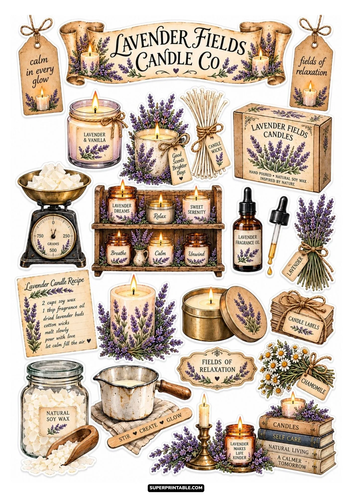 Lavender fields candle sticker sheet with aromatic purple lavender sprigs, candle jars, and essential oil bottles.