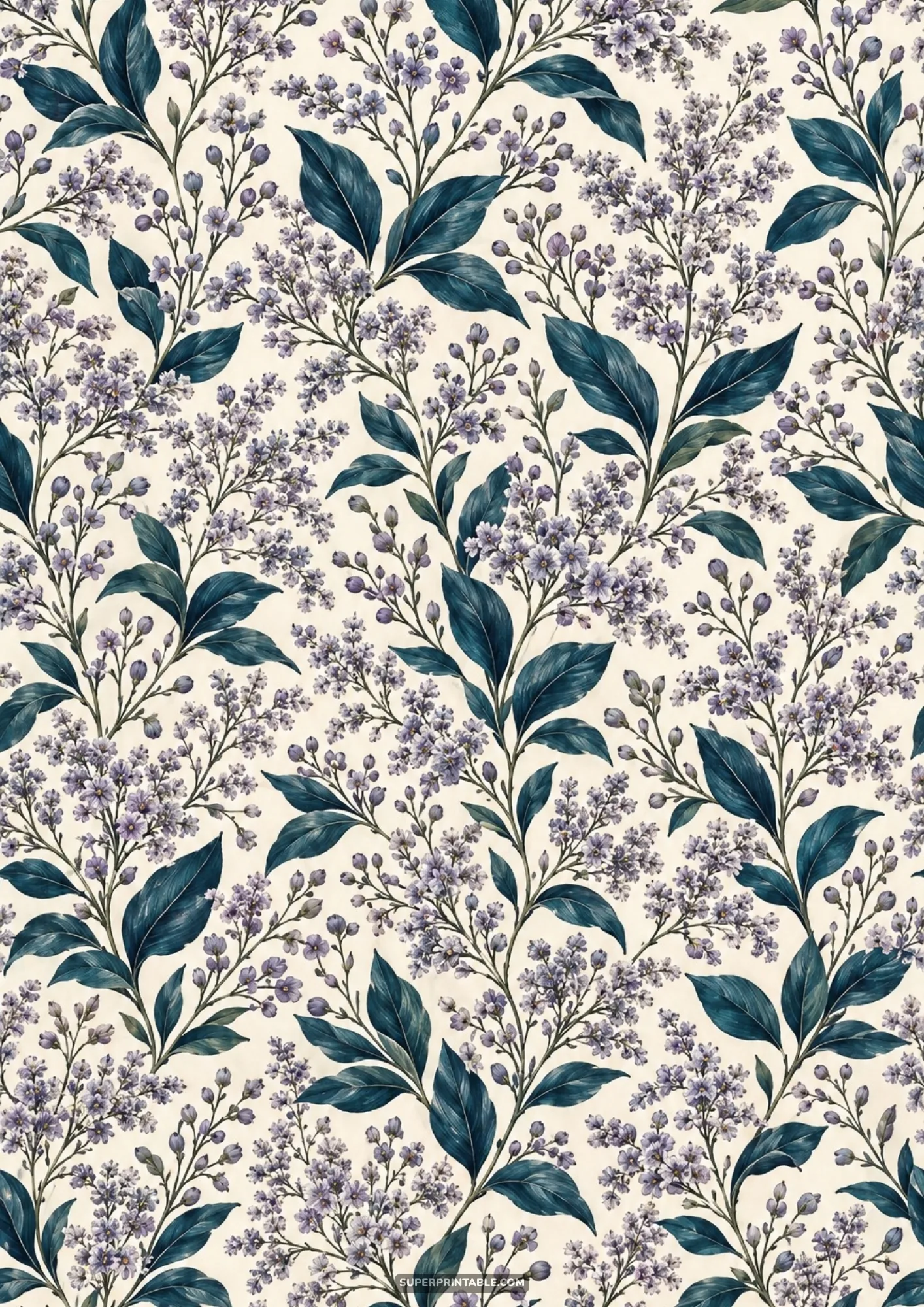 Sprigs of pale lavender lilac blossoms and purple buds branching out with deep blue green foliage