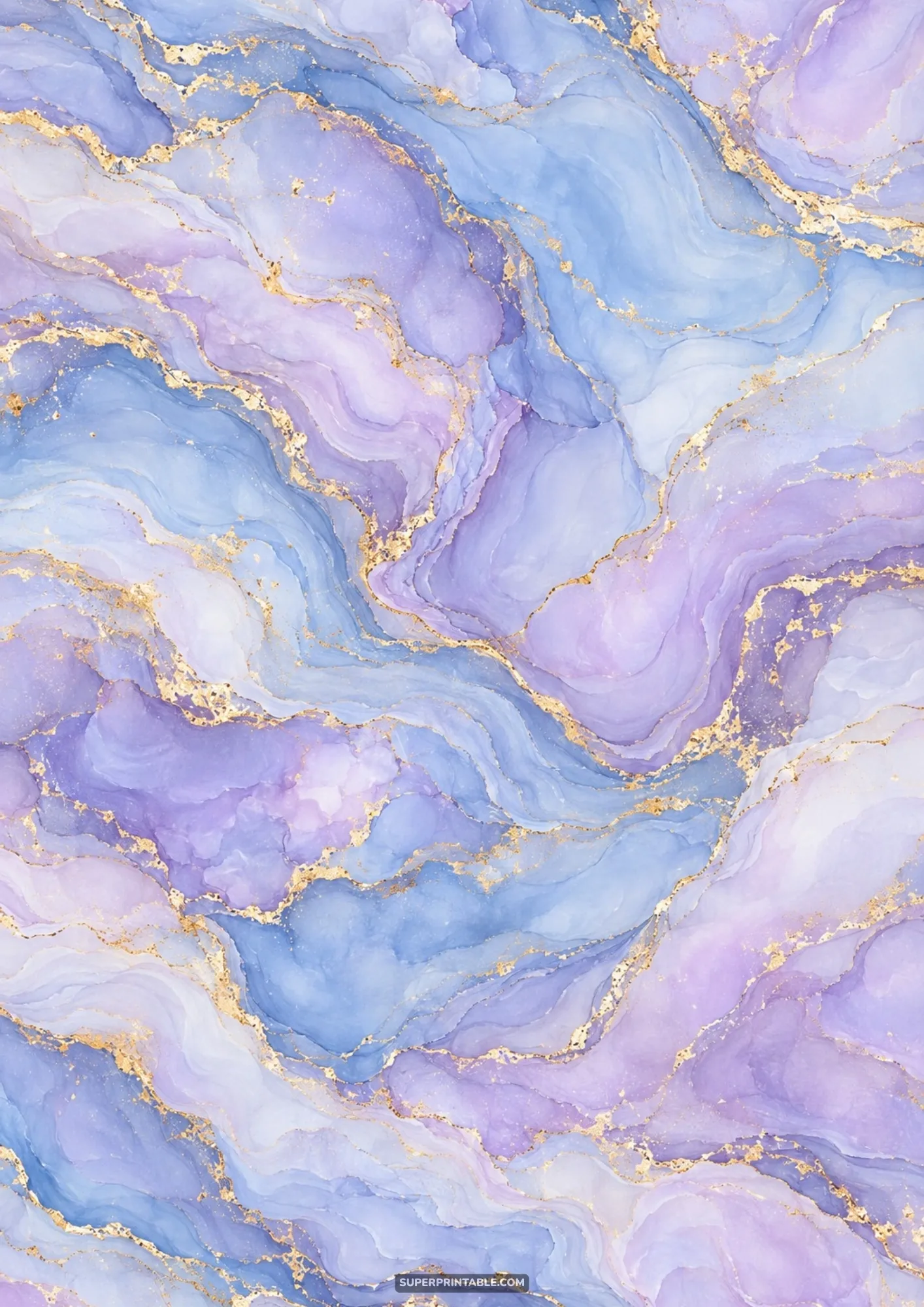 Soft lavender and pastel periwinkle blue marble swirls detailed with fine metallic gold filigree