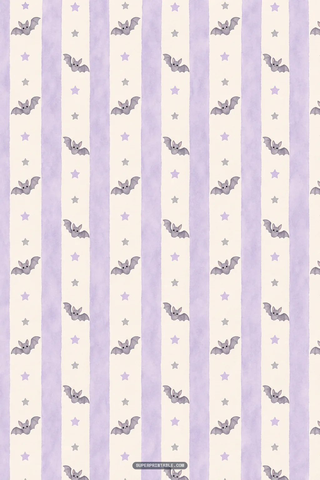 Cute smiling cartoon bats flying along soft lavender and cream vertical watercolor stripes