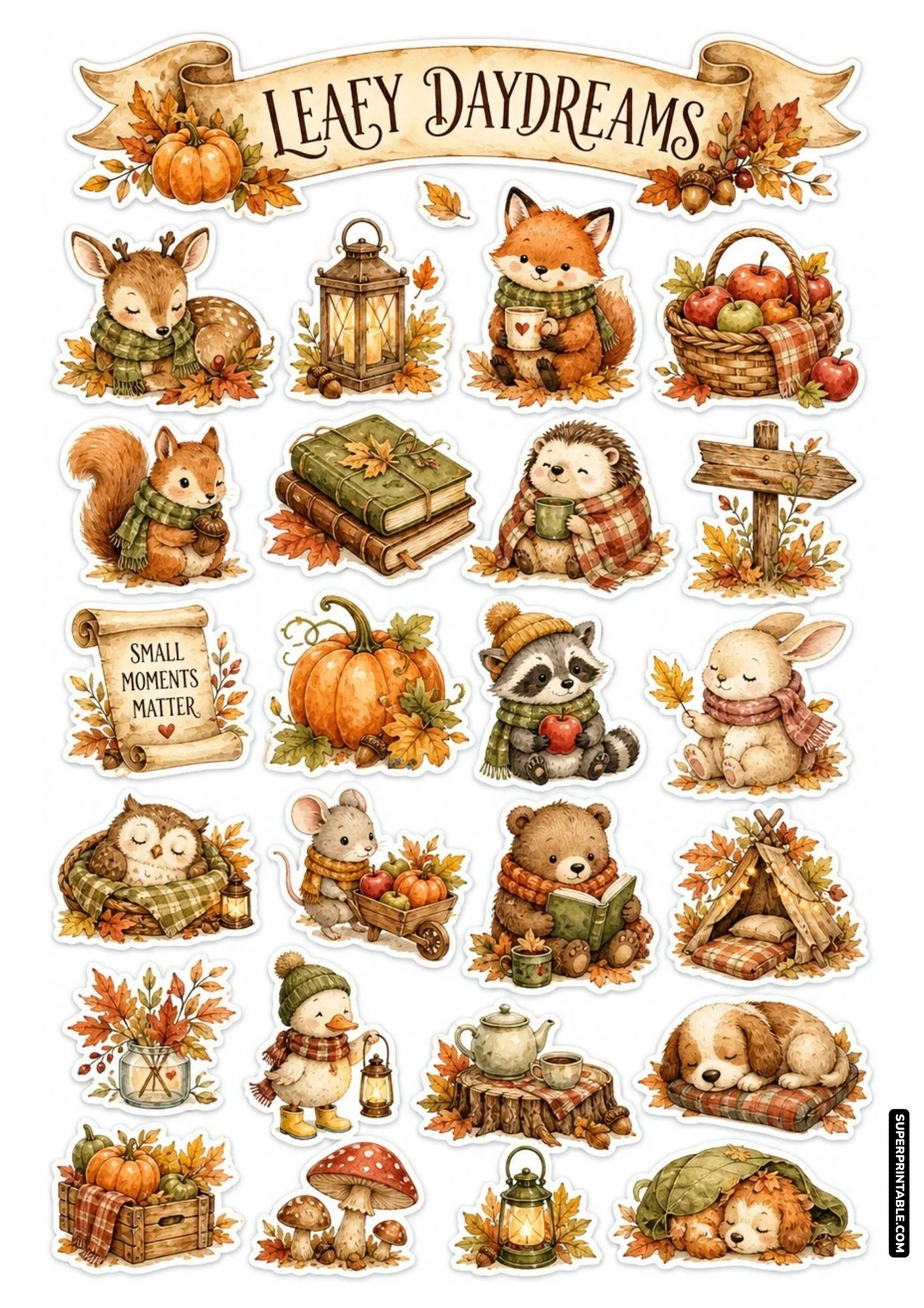 Leafy Daydreams cute autumn animal stickers with falling autumn leaves, teapots, and sleeping forest critters.
