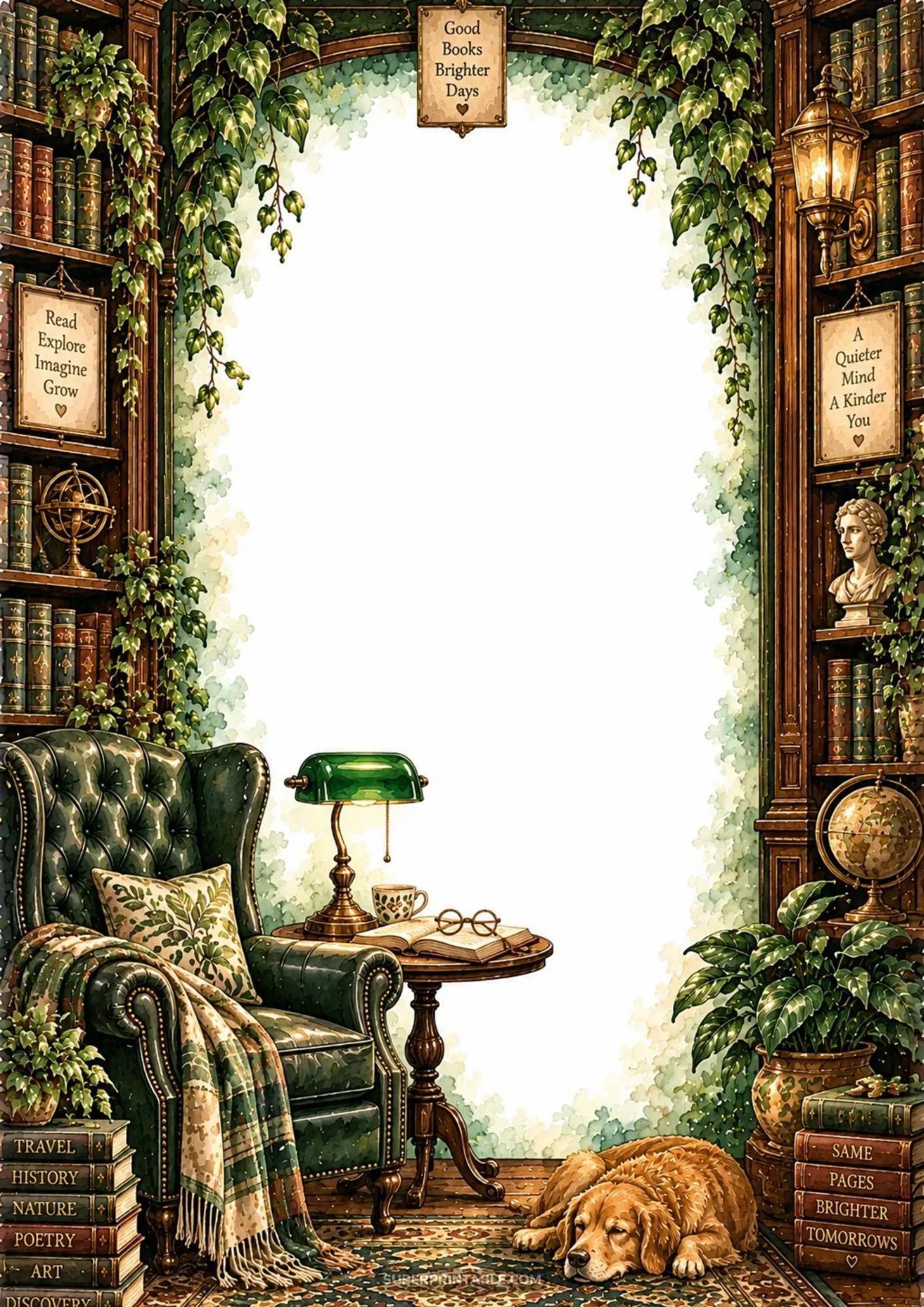 Vintage library border with green tufted armchair, sleeping golden retriever, and leafy bookshelves.