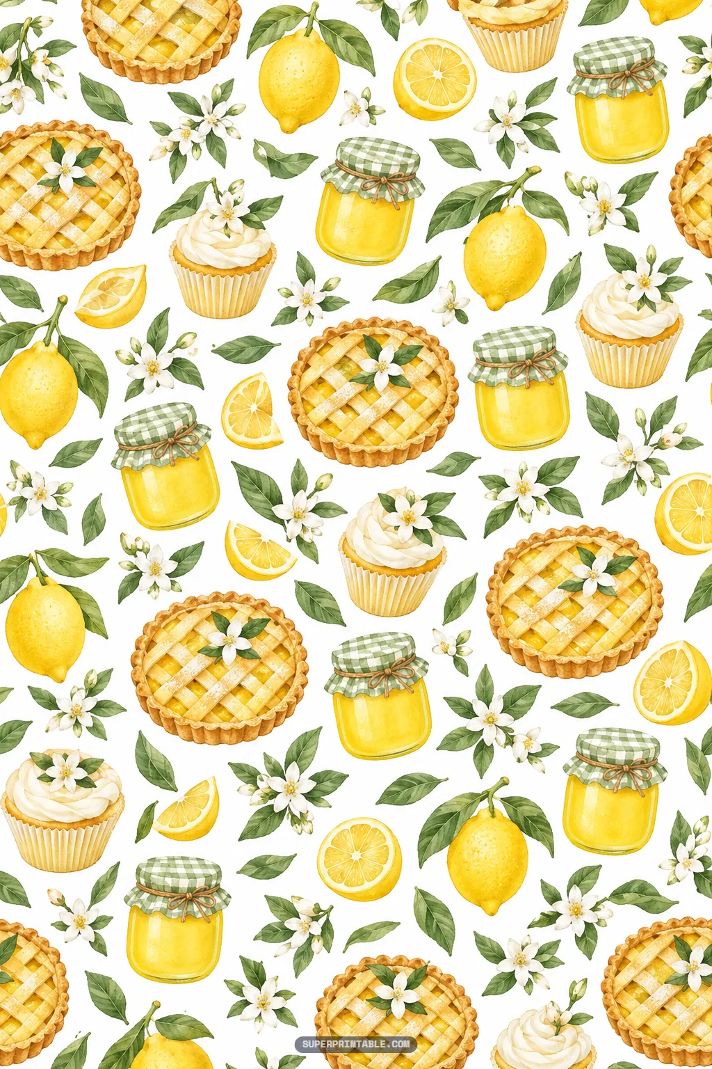Gourmet dessert pattern featuring watercolor lemon lattice tarts, frosted cupcakes, and jam jars