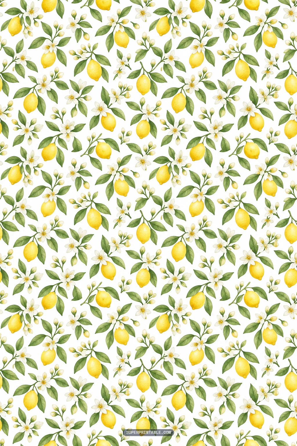 Delicate white citrus blossoms and yellow lemons on leafy branches forming an elegant botanical pattern