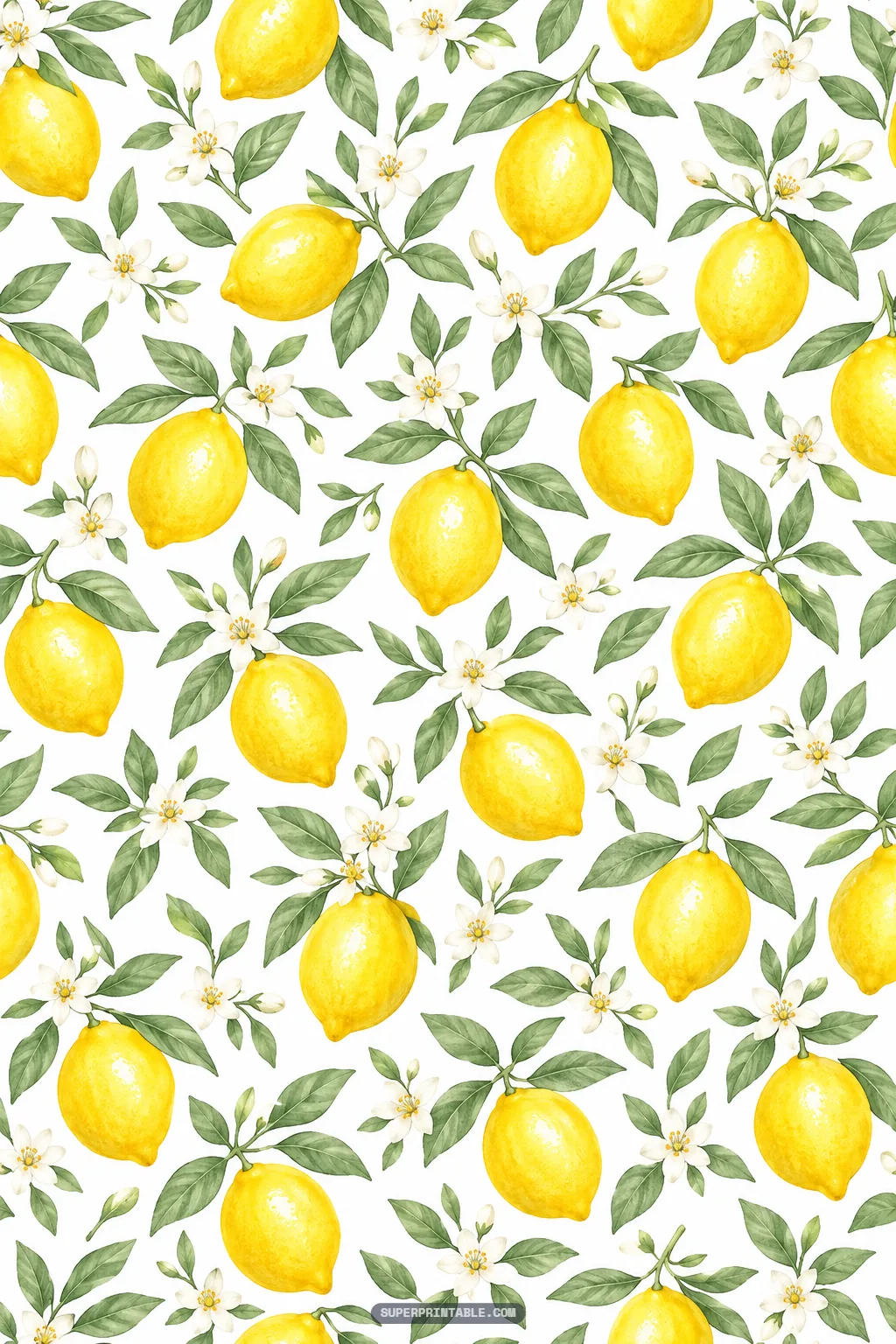 Lemon grove digital paper pattern filled with lush hanging lemons and leafy blossom branches