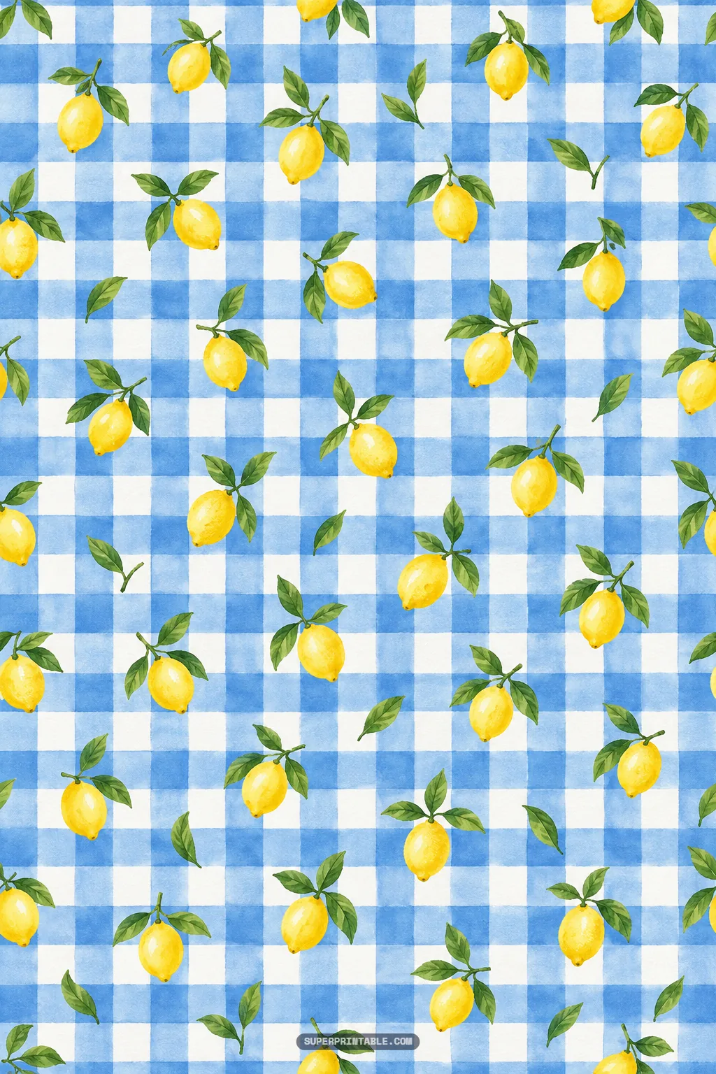 Bright watercolor lemons on leafy stems over a rustic blue and white gingham check picnic background