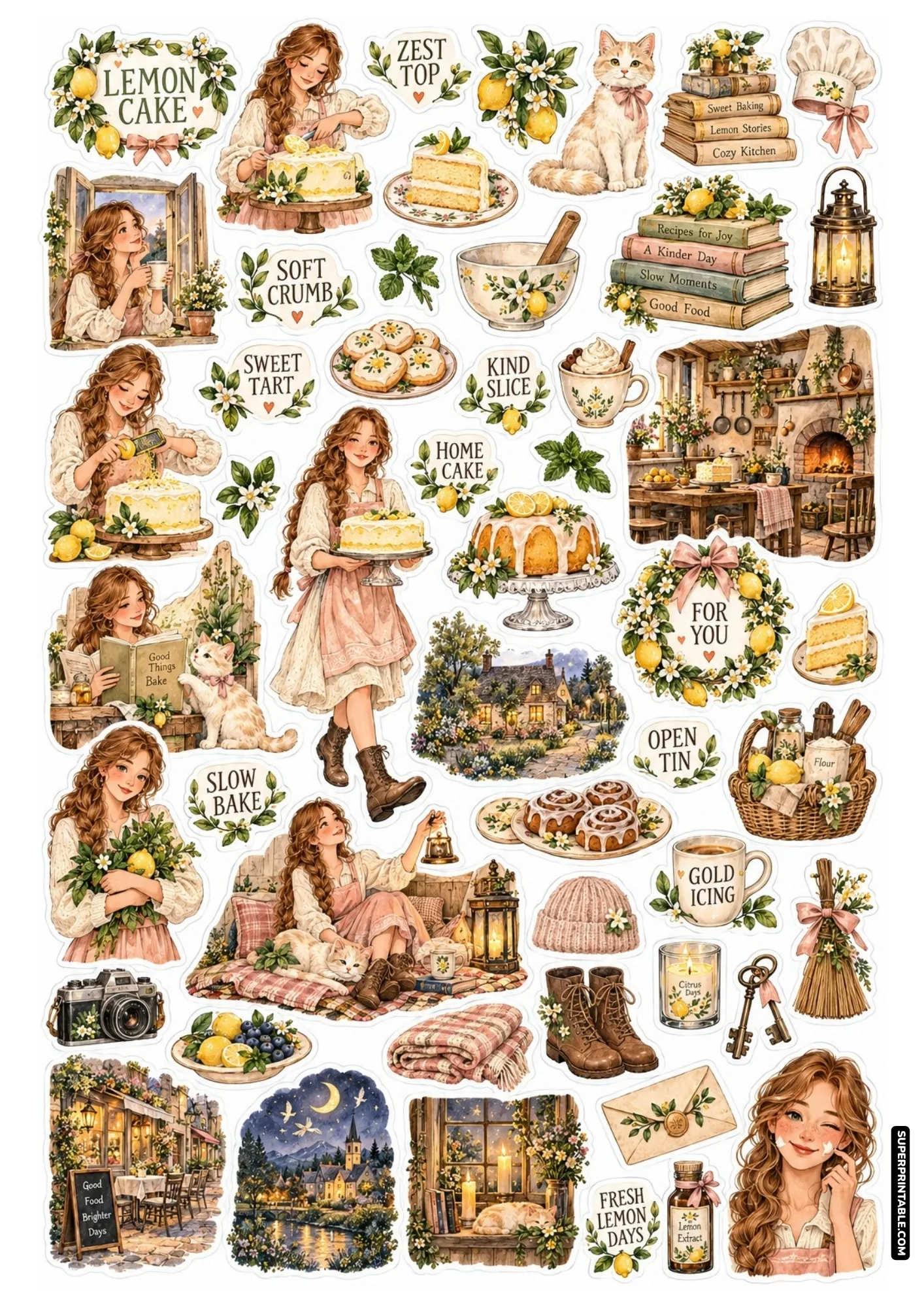 Cottage bakery sticker sheet featuring lemon sponge cakes, frosted bundt pastry, and a girl icing desserts.