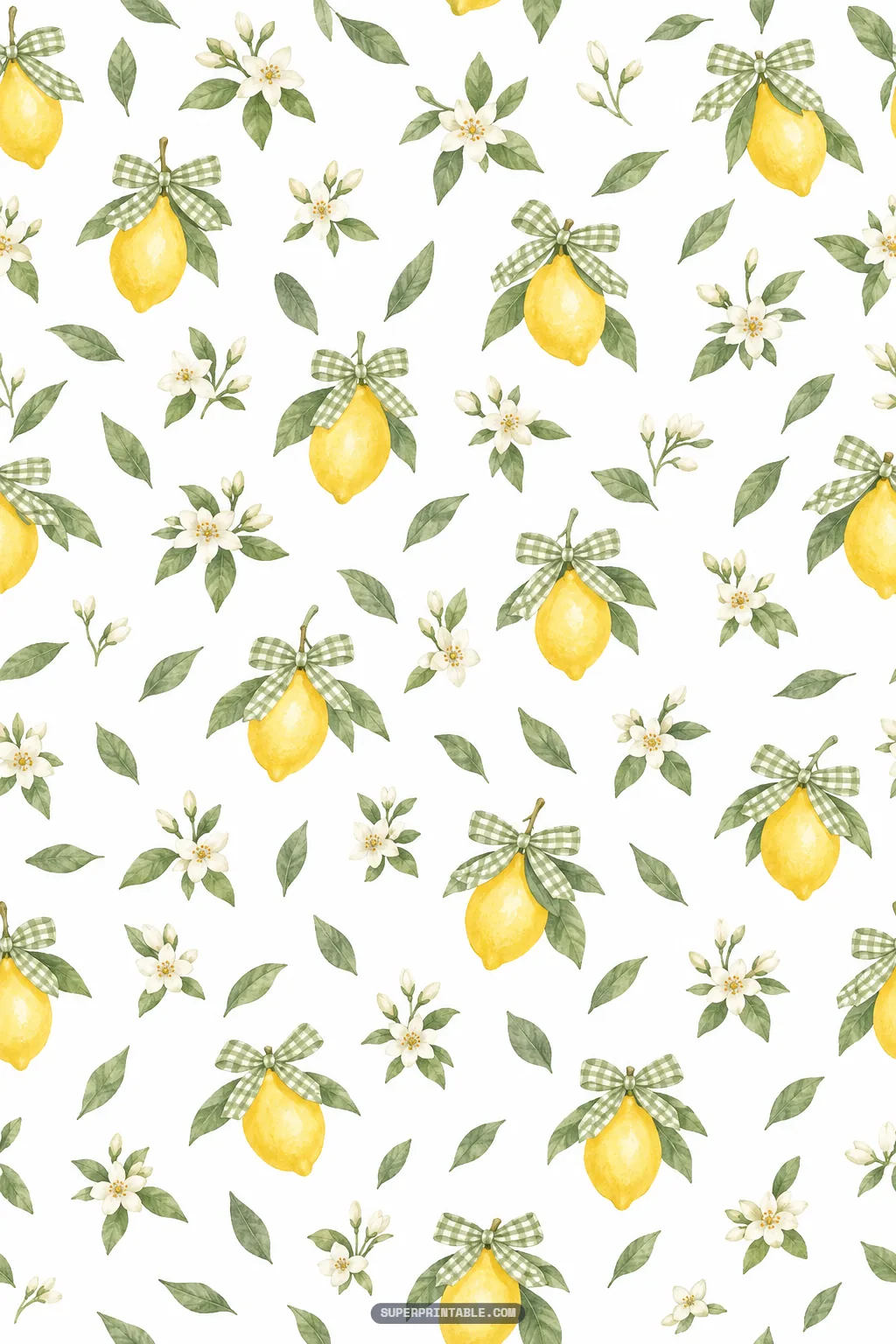 Charming pattern of watercolor lemons tied with green gingham ribbon bows and loose blossoms