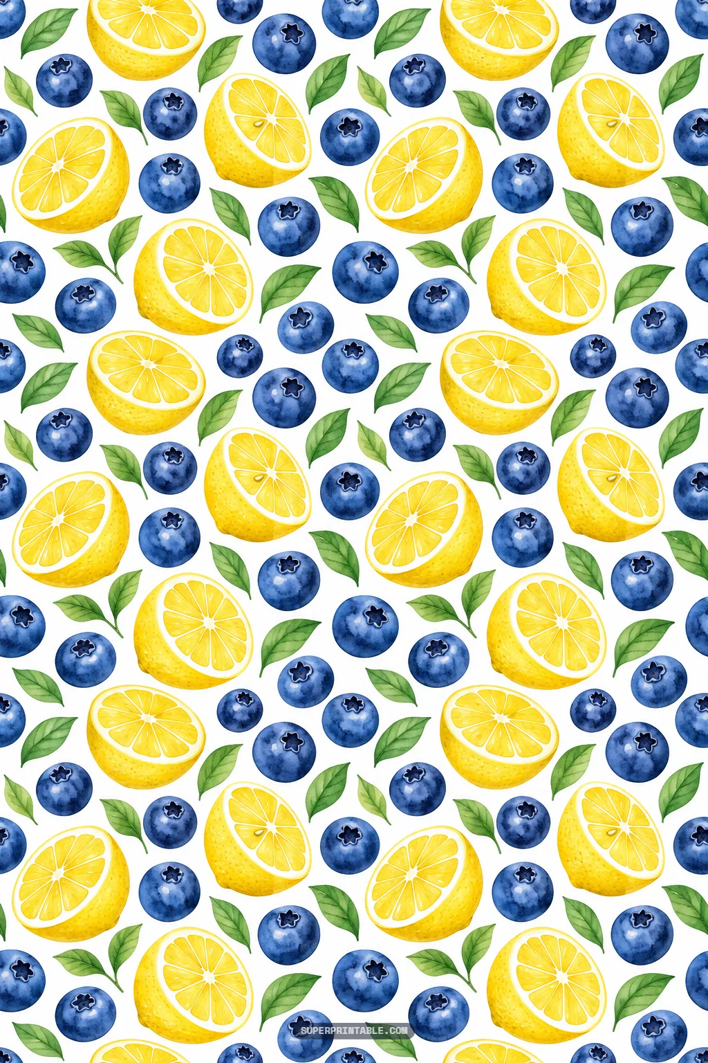 Juicy cut lemon halves with plump dark blueberries and fresh green leaves scattered over a white field