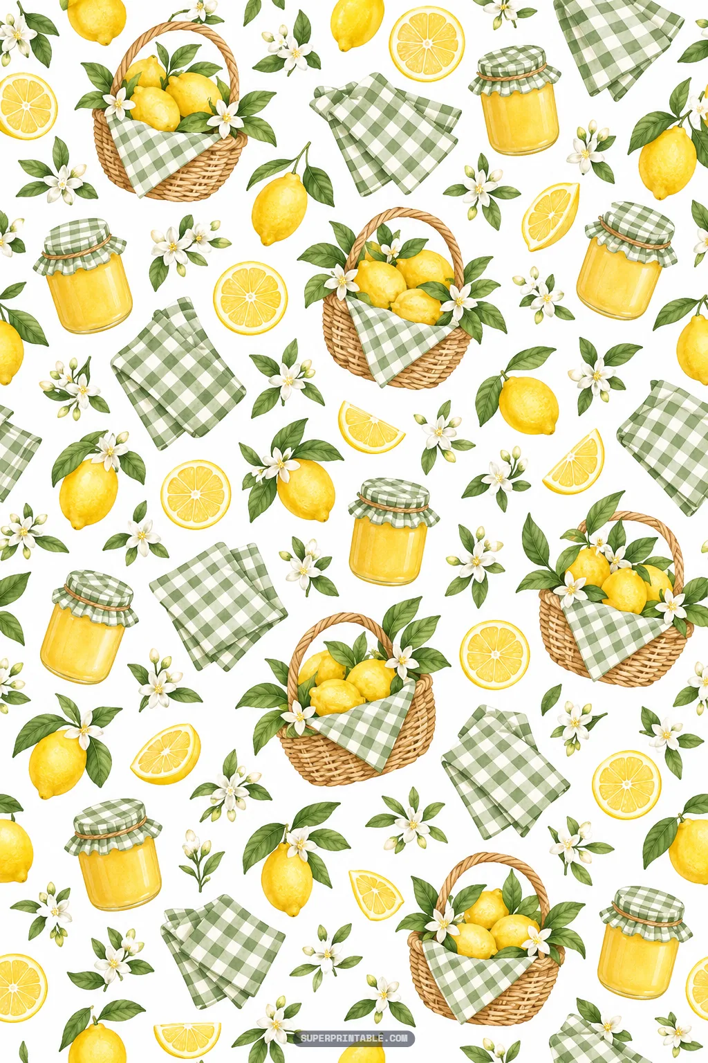 Rustic harvest pattern featuring wicker baskets of lemons, lemon curd jars, and gingham napkins