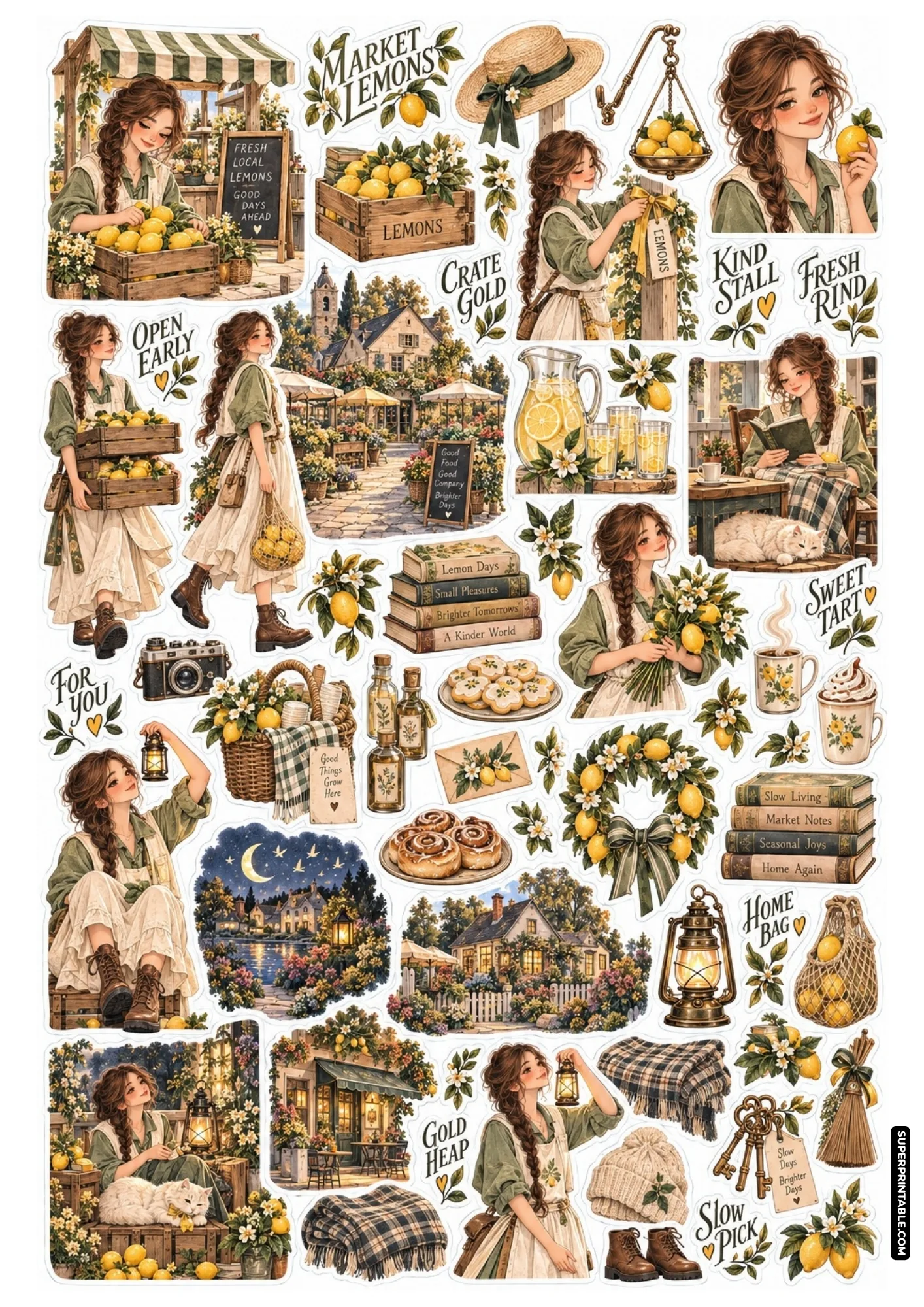 Farmer market sticker sheet with a girl packing crates of ripe lemons, vintage scale, and village market stall.
