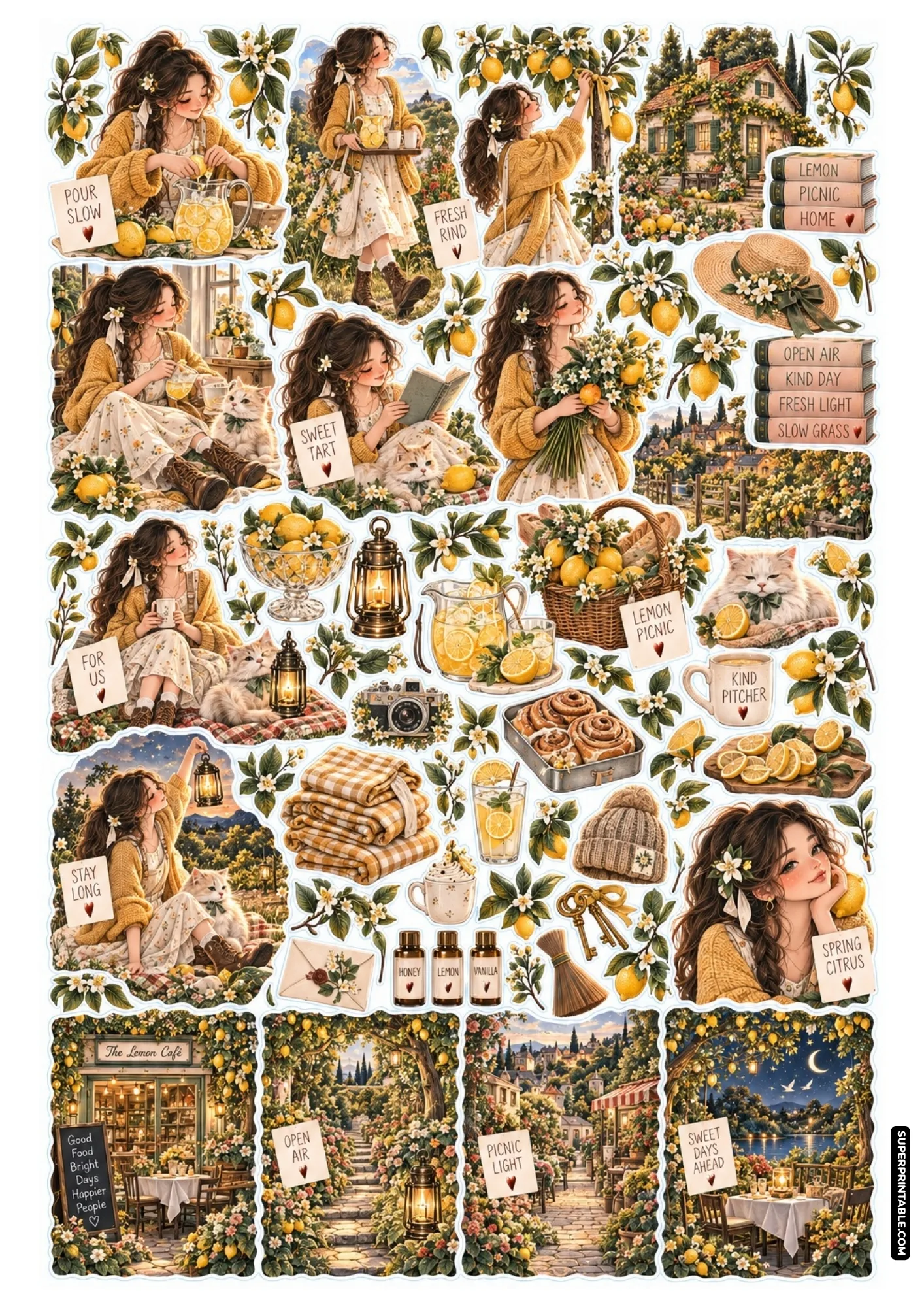 Sunny citrus sticker sheet depicting lemon trees, fresh lemonade, cozy cardigan, and baked rolls.