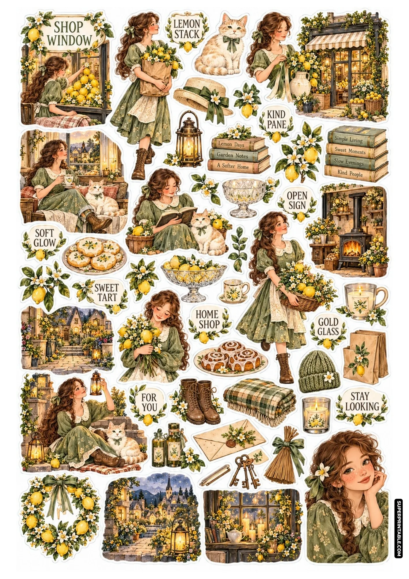 Village storefront sticker sheet showing a girl decorating a shop window with lemons, tea, and cozy street cafes.