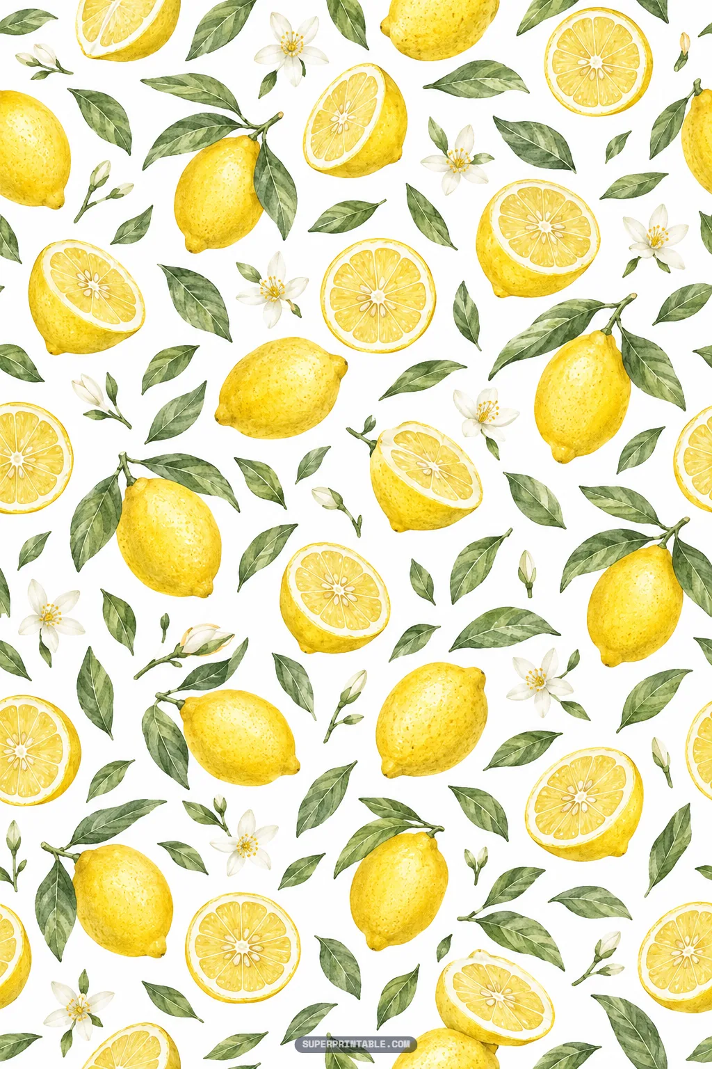 Watercolor pattern featuring sliced lemon halves, round fruit wheels, and green foliage