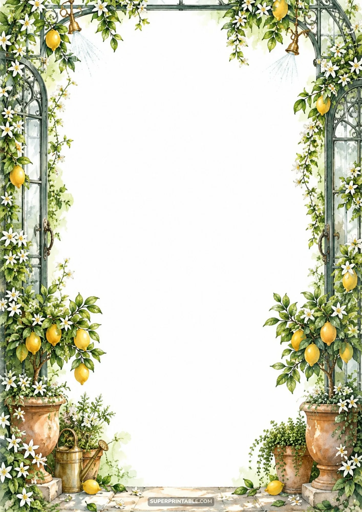Sunlit garden conservatory border pages with lemon trees in terracotta urns and archway