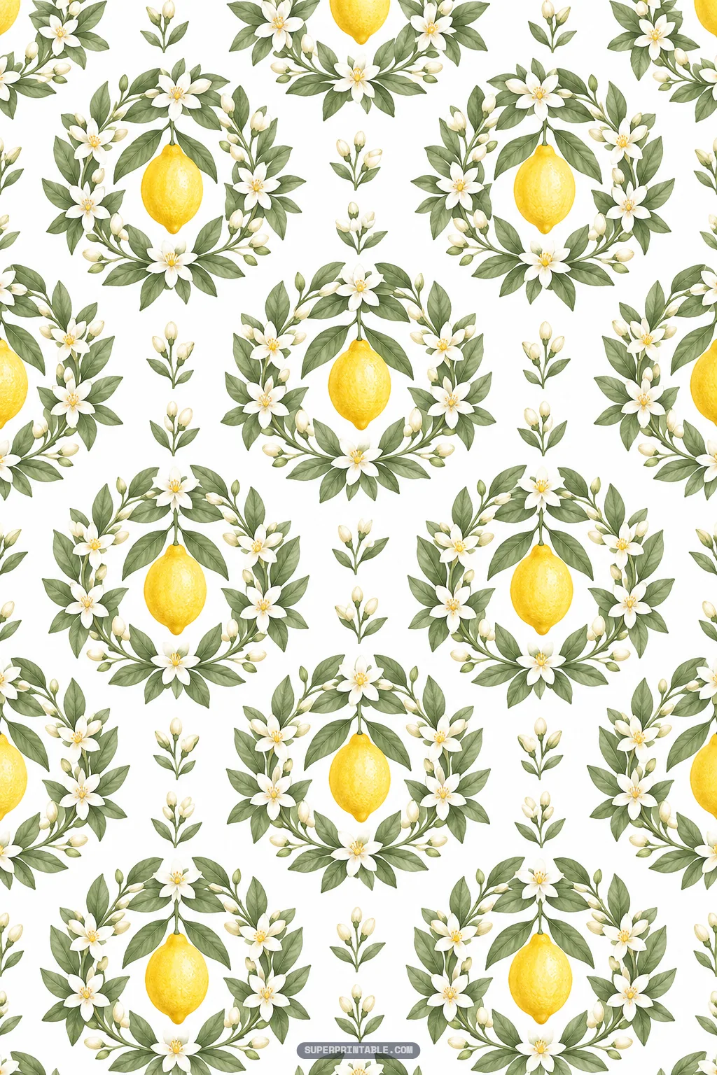 Lemon grove digital paper sheet showing watercolor citrus wreaths and delicate white blossoms