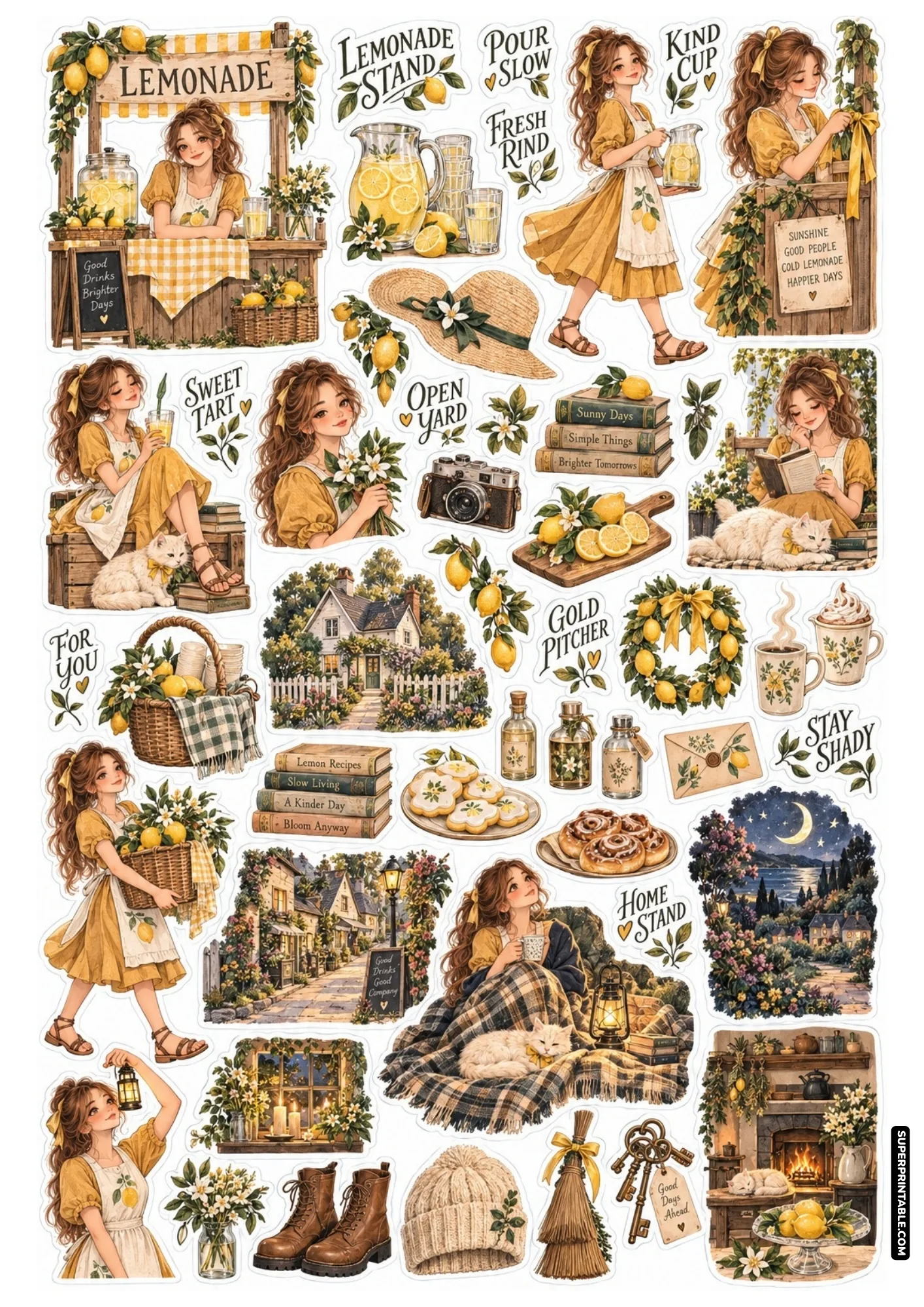 Lemonade stand sticker sheets with girls serving fresh citrus drinks, floral wreaths, and sunny cottage scenes.