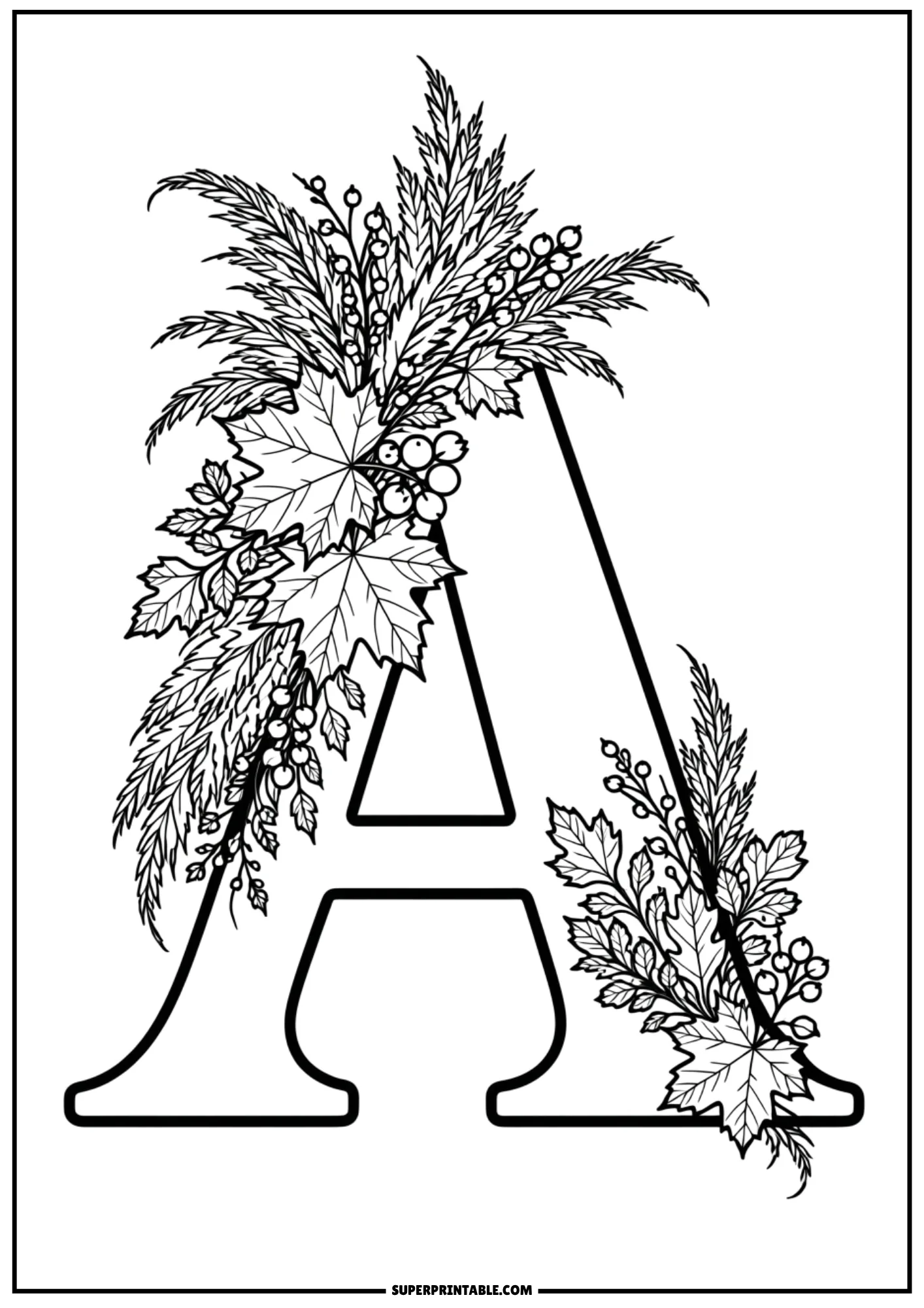Detailed letter A autumn alphabet coloring pages sheet with maple leaves and berries