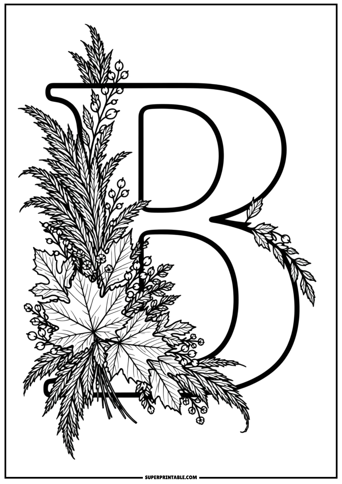 Decorative uppercase letter B adorned with autumn foliage and berries coloring sheet
