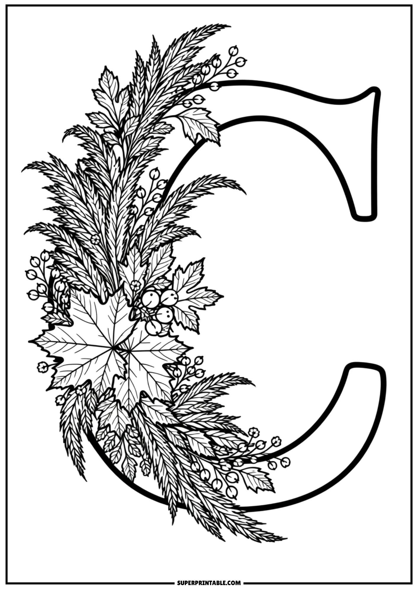 Curved letter C coloring template embraced by autumn maple leaves and berries