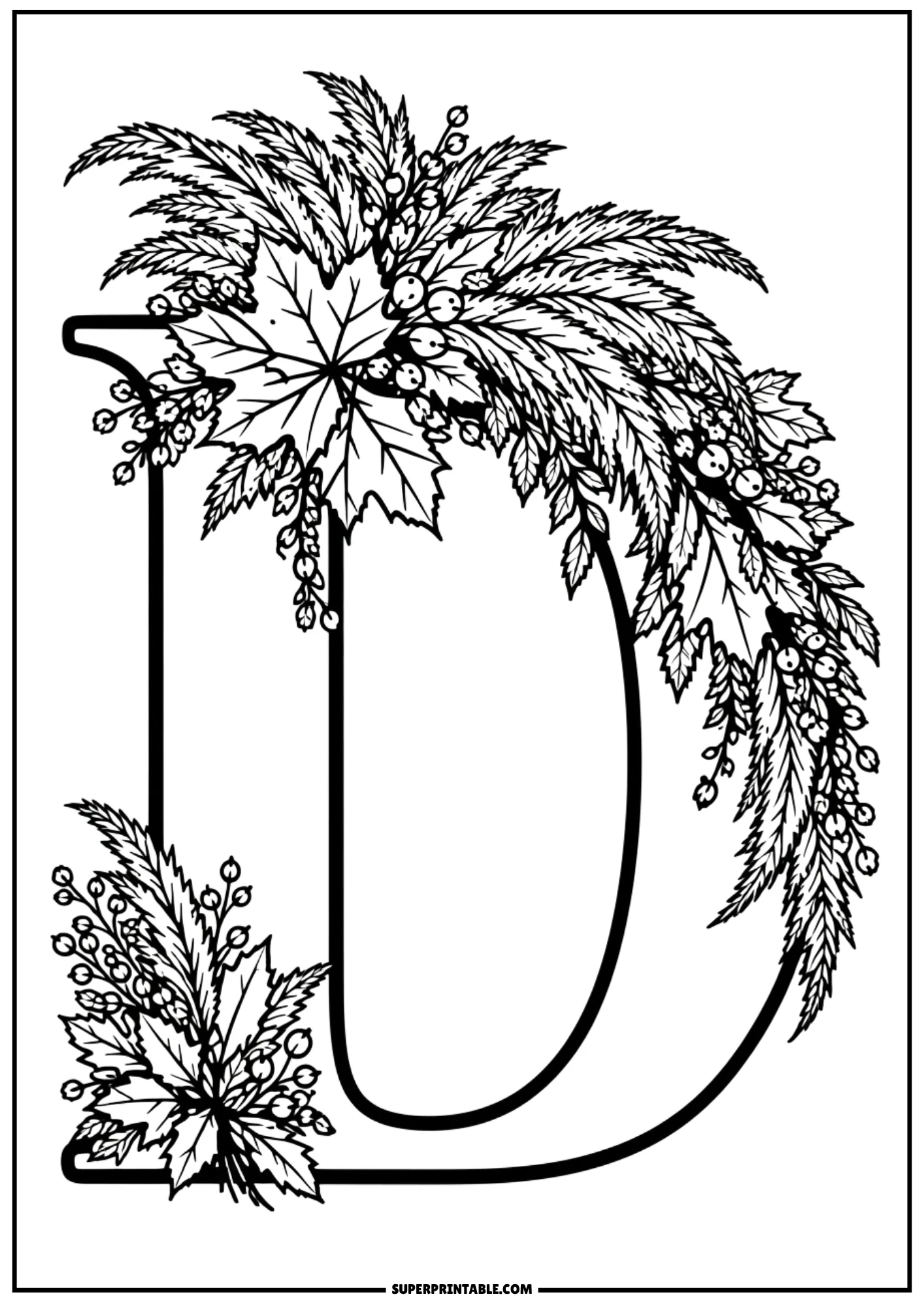 Capital letter D coloring page with lush autumn leaf garland along the curve