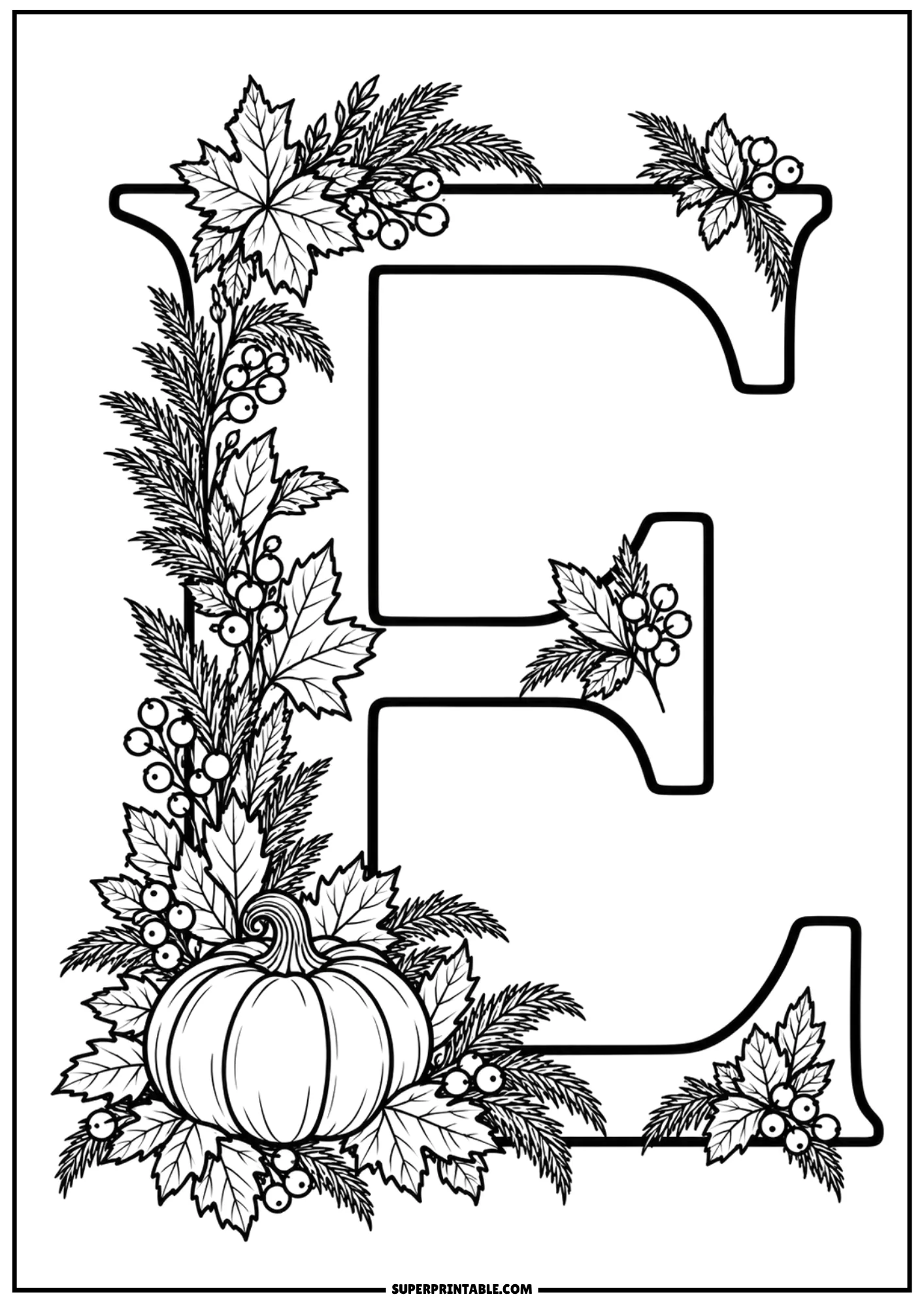 Decorative letter E coloring sheet with pumpkin nestled among autumn foliage