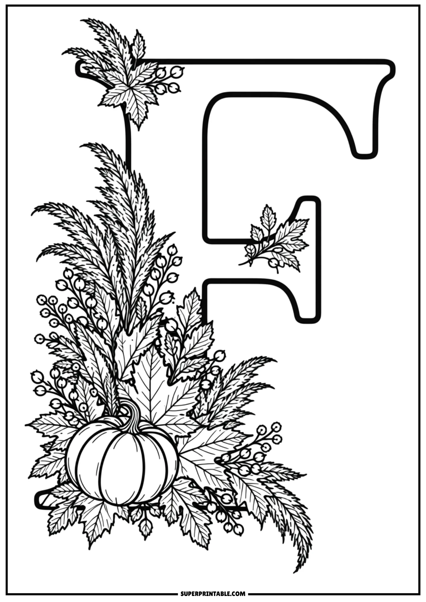 Letter F autumn coloring sheet decorated with pumpkin and fall leaf accents