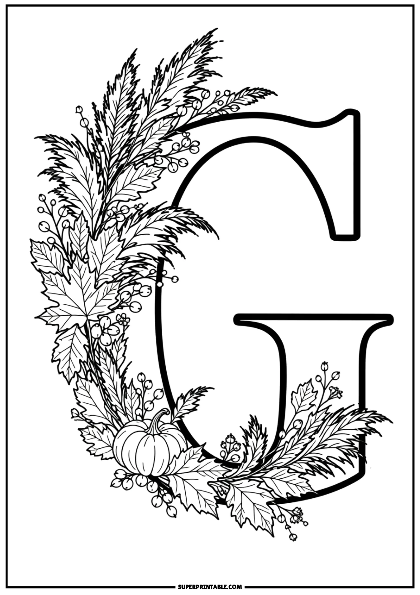Decorative letter G coloring page with cute pumpkin and autumn leaf spray