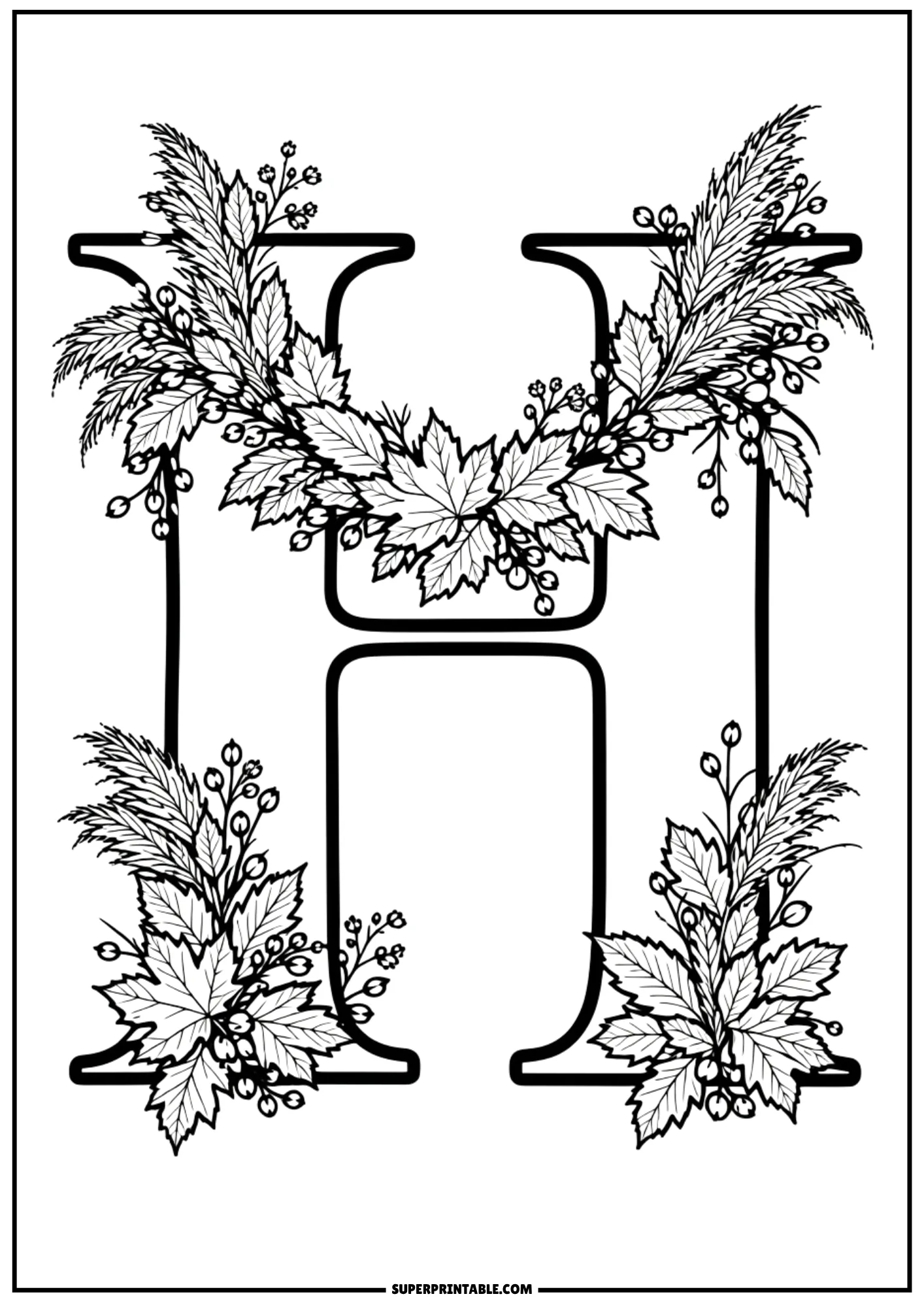 Symmetrical letter H coloring sheet framed with twin autumn leaf garlands