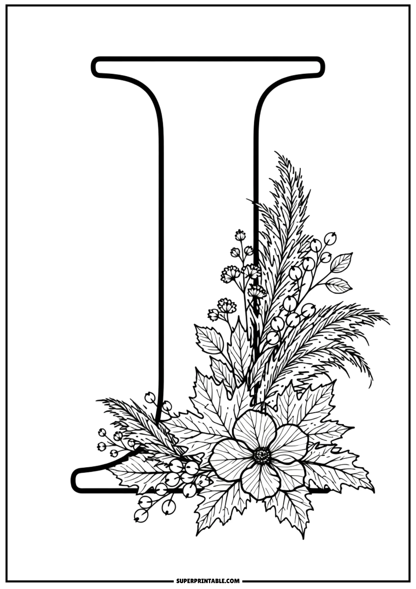 Elegant letter I coloring template with an autumn flower and botanical base