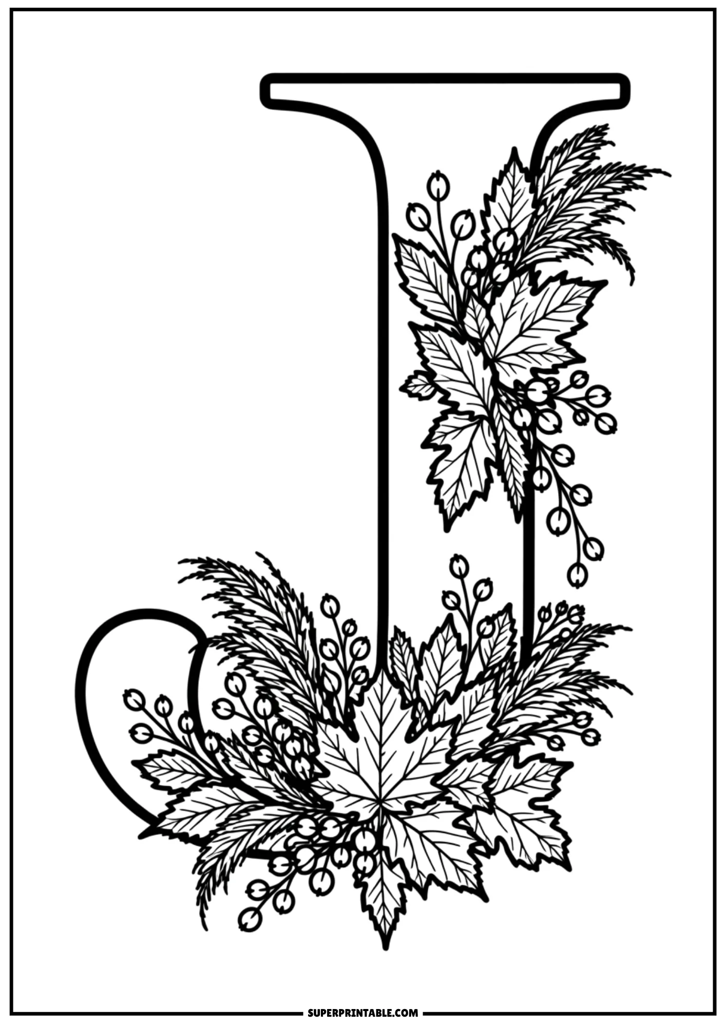 Printable letter J coloring sheet bordered with autumn maple leaves and berries