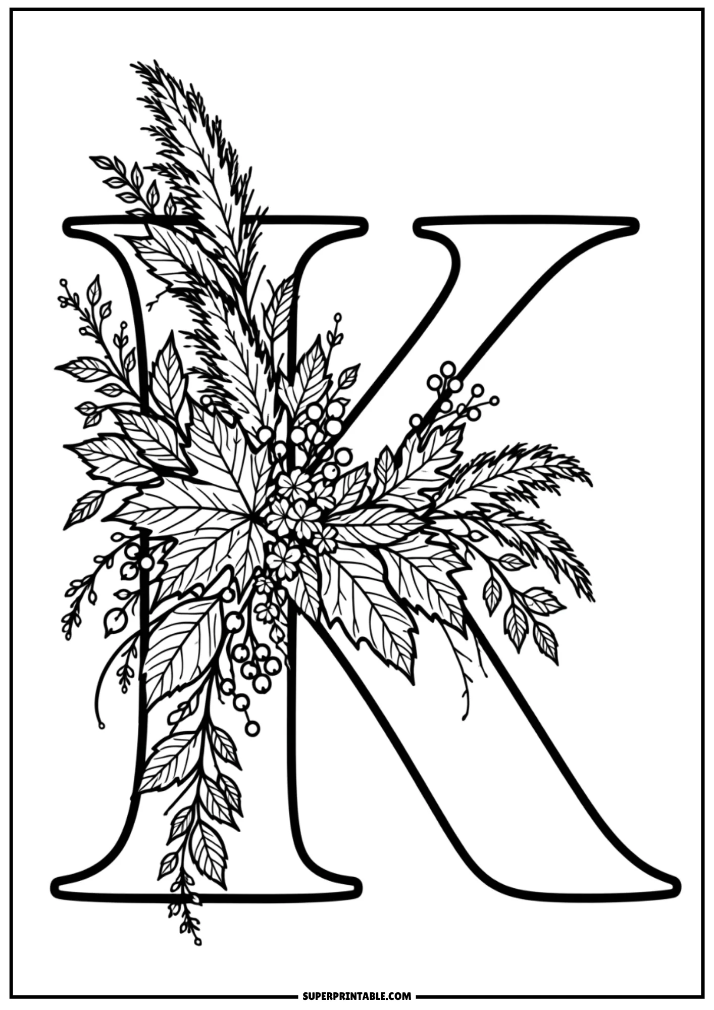 Letter K botanical coloring page decorated with autumn leaves and wild berries