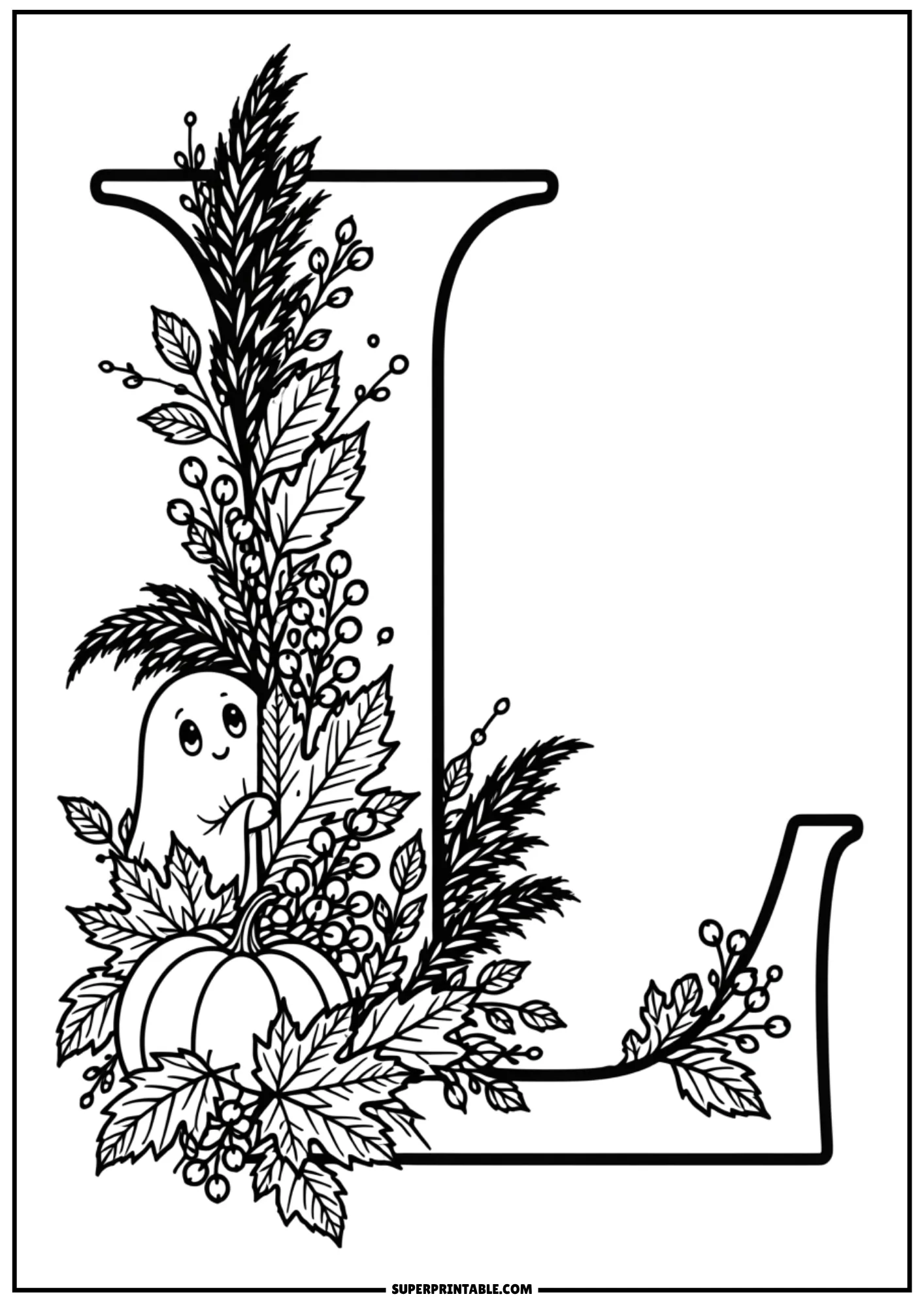 Cute ghost and pumpkin beside an ornate letter L fall coloring page outline